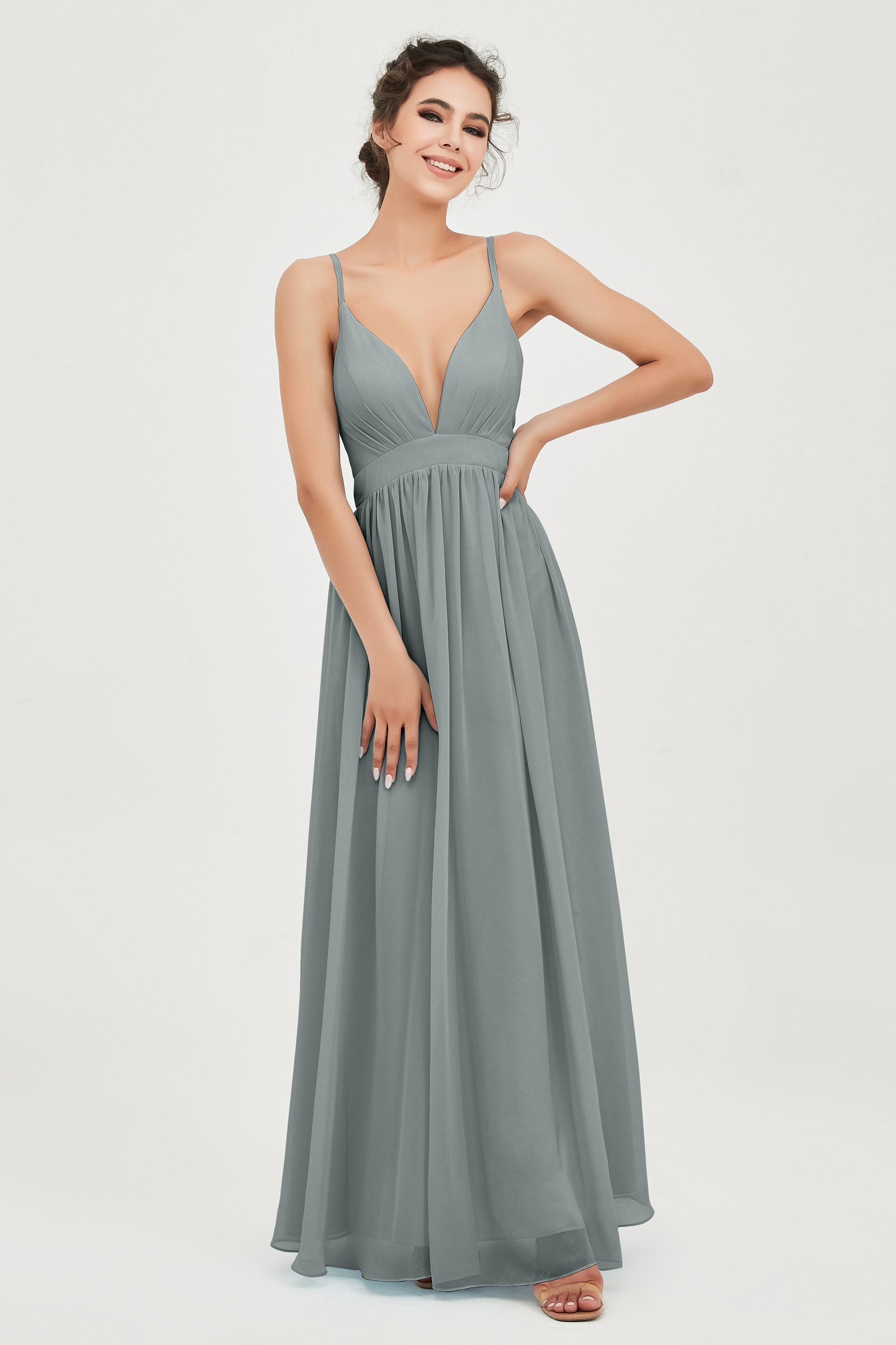 Deep V Neck Sexy Chiffon Bridesmaid Dress Spaghetti Straps Formal Evening Prom Dresses