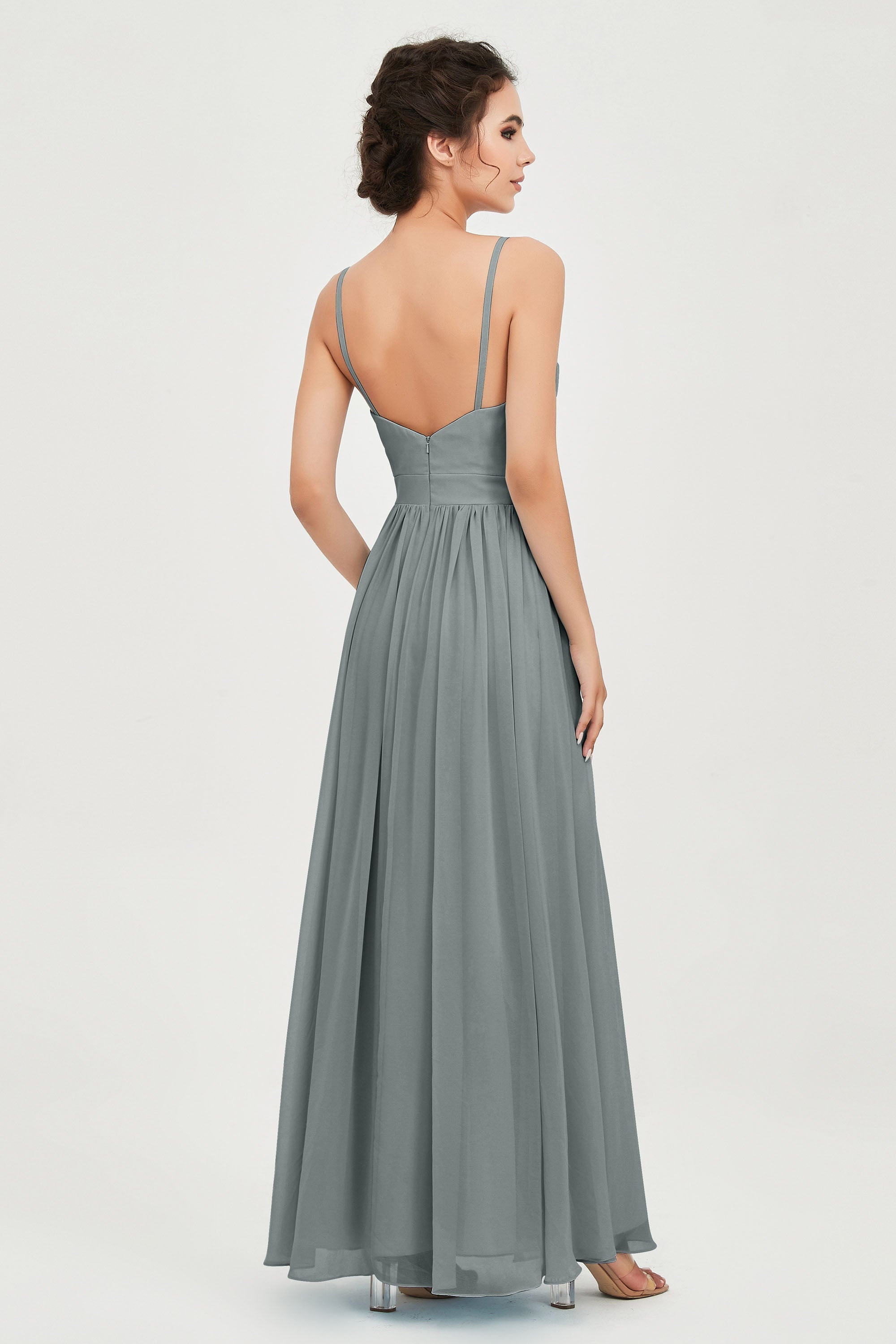 Deep V Neck Sexy Chiffon Bridesmaid Dress Spaghetti Straps Formal Evening Prom Dresses