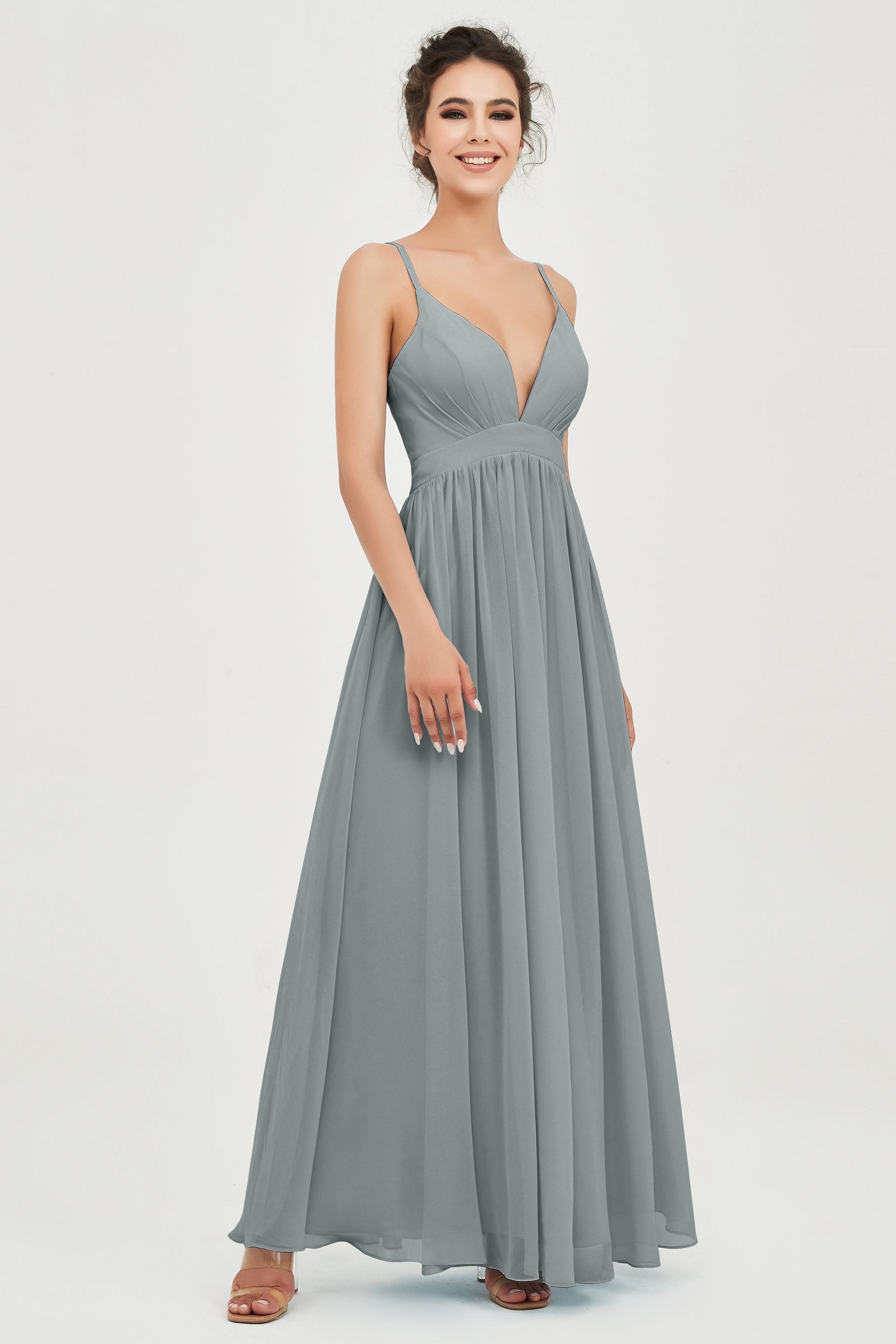 Deep V Neck Sexy Chiffon Bridesmaid Dress Spaghetti Straps Formal Evening Prom Dresses