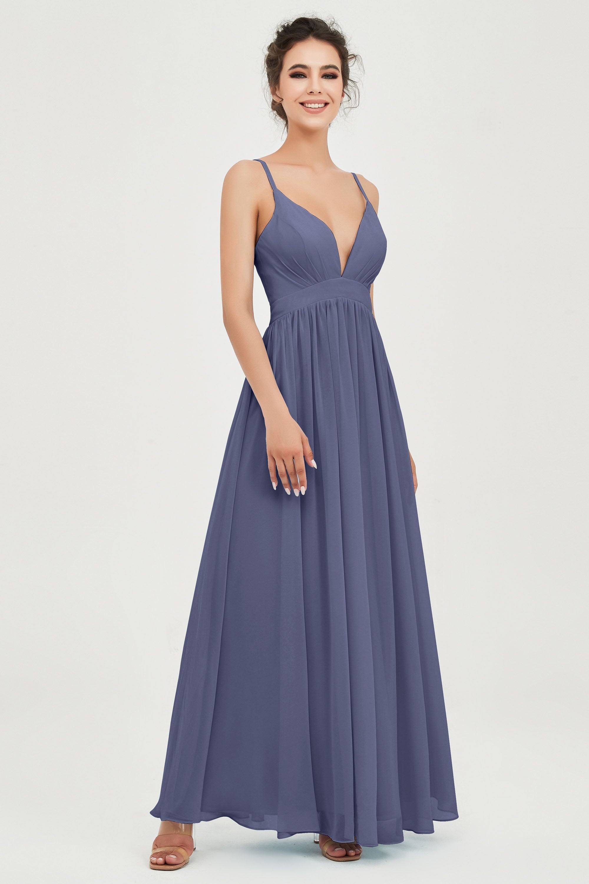 Deep V Neck Sexy Chiffon Bridesmaid Dress Spaghetti Straps Formal Evening Prom Dresses