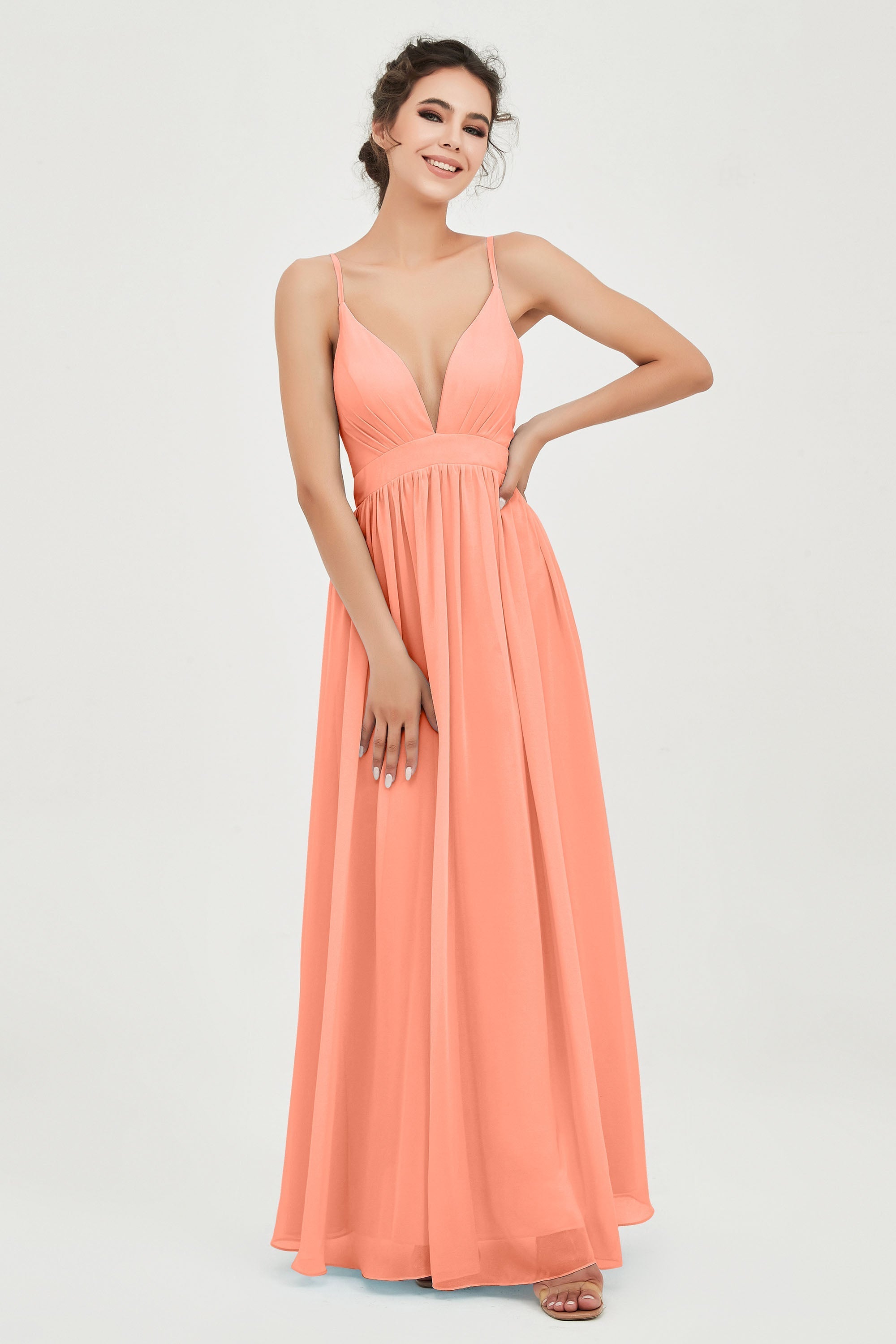 Deep V Neck Sexy Chiffon Bridesmaid Dress Spaghetti Straps Formal Evening Prom Dresses
