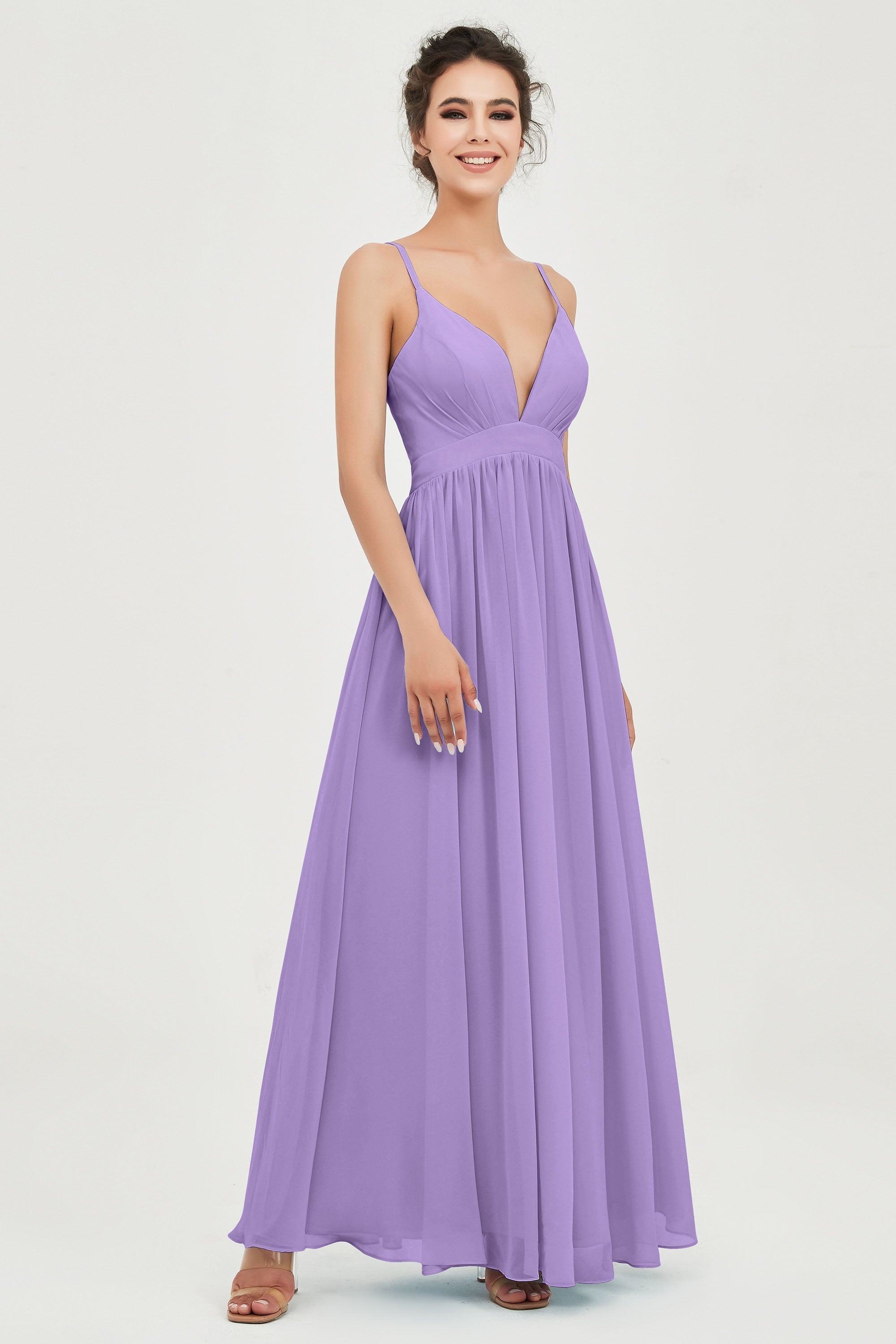 Deep V Neck Sexy Chiffon Bridesmaid Dress Spaghetti Straps Formal Evening Prom Dresses