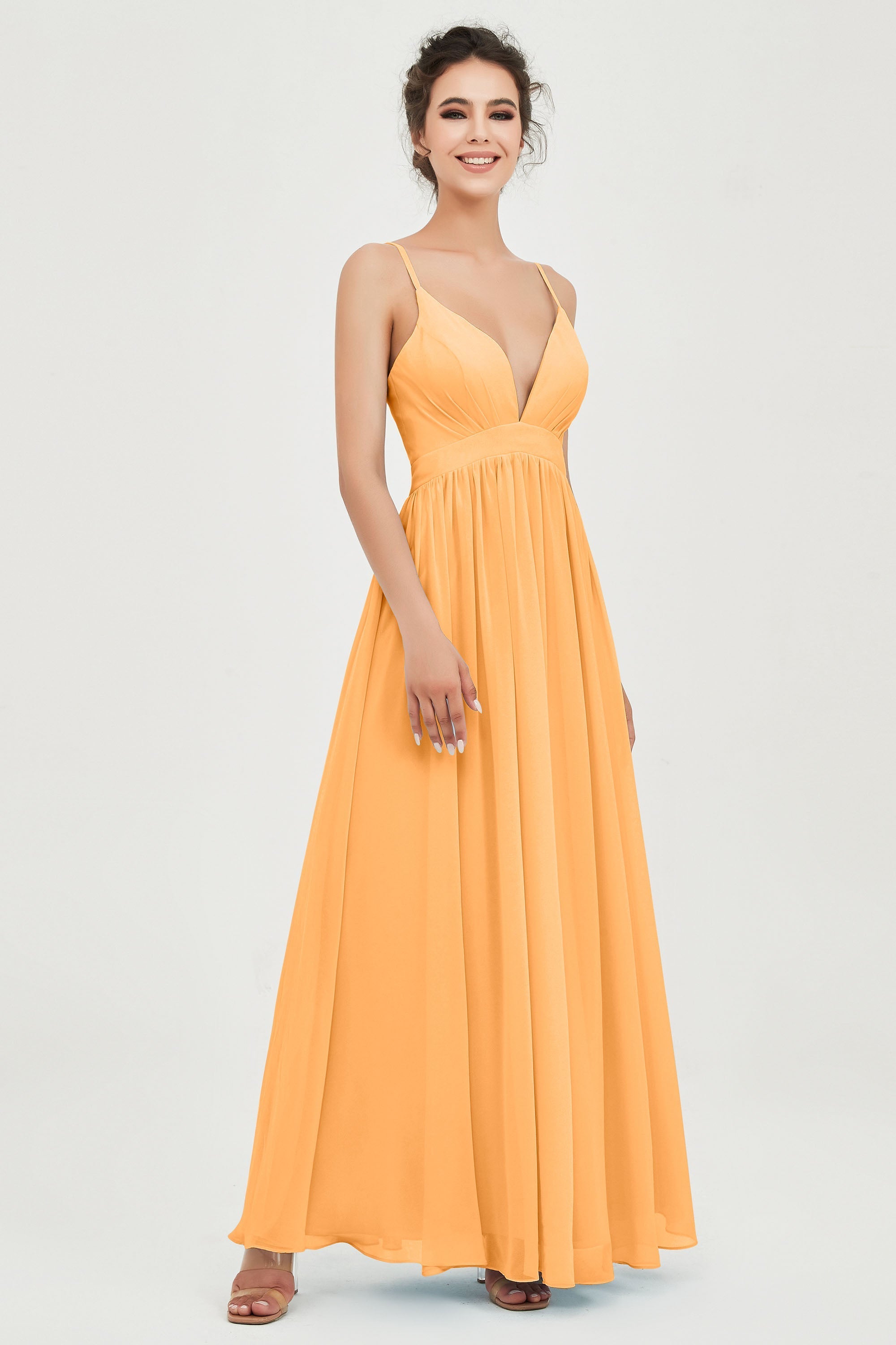 Deep V Neck Sexy Chiffon Bridesmaid Dress Spaghetti Straps Formal Evening Prom Dresses