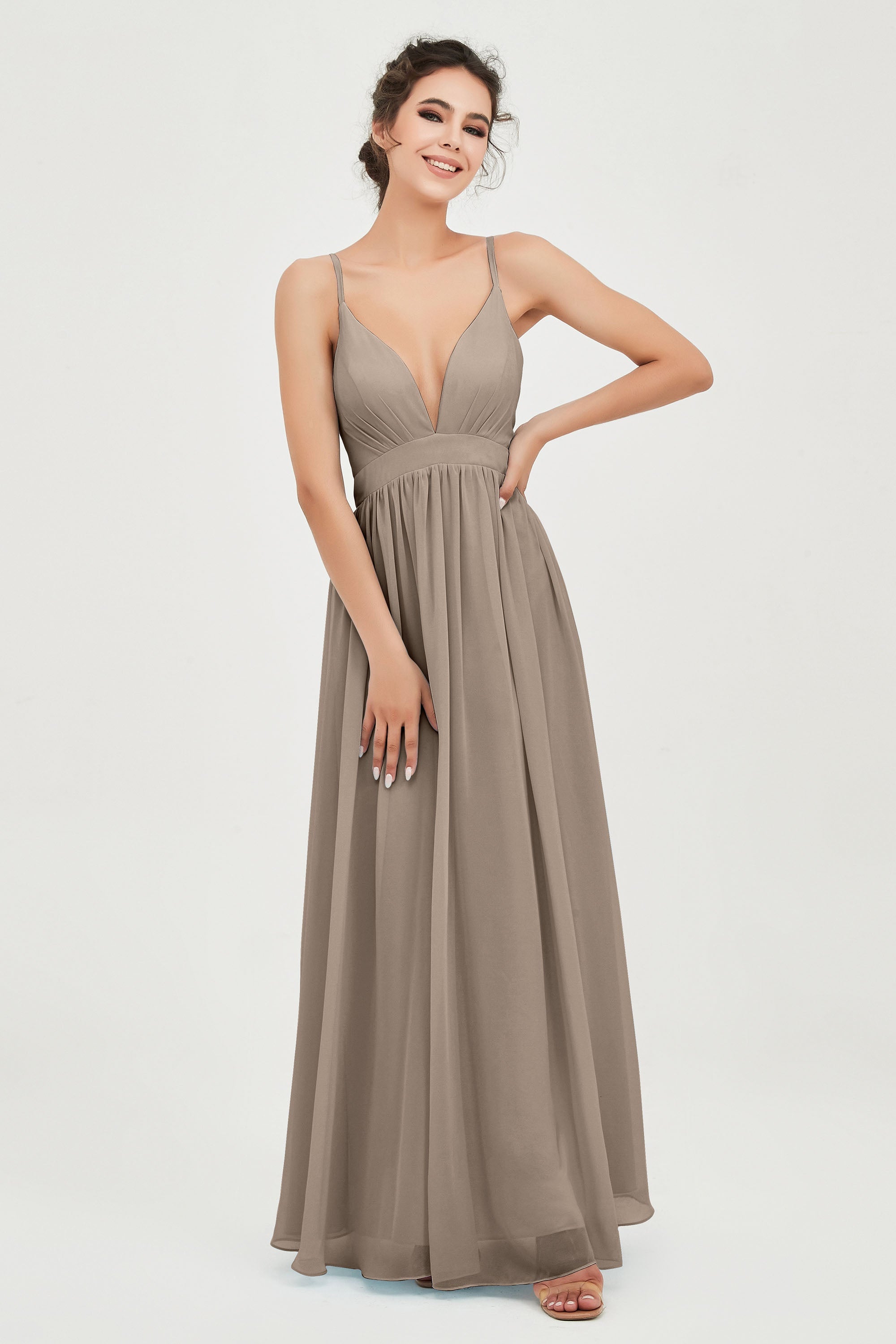 Deep V Neck Sexy Chiffon Bridesmaid Dress Spaghetti Straps Formal Evening Prom Dresses