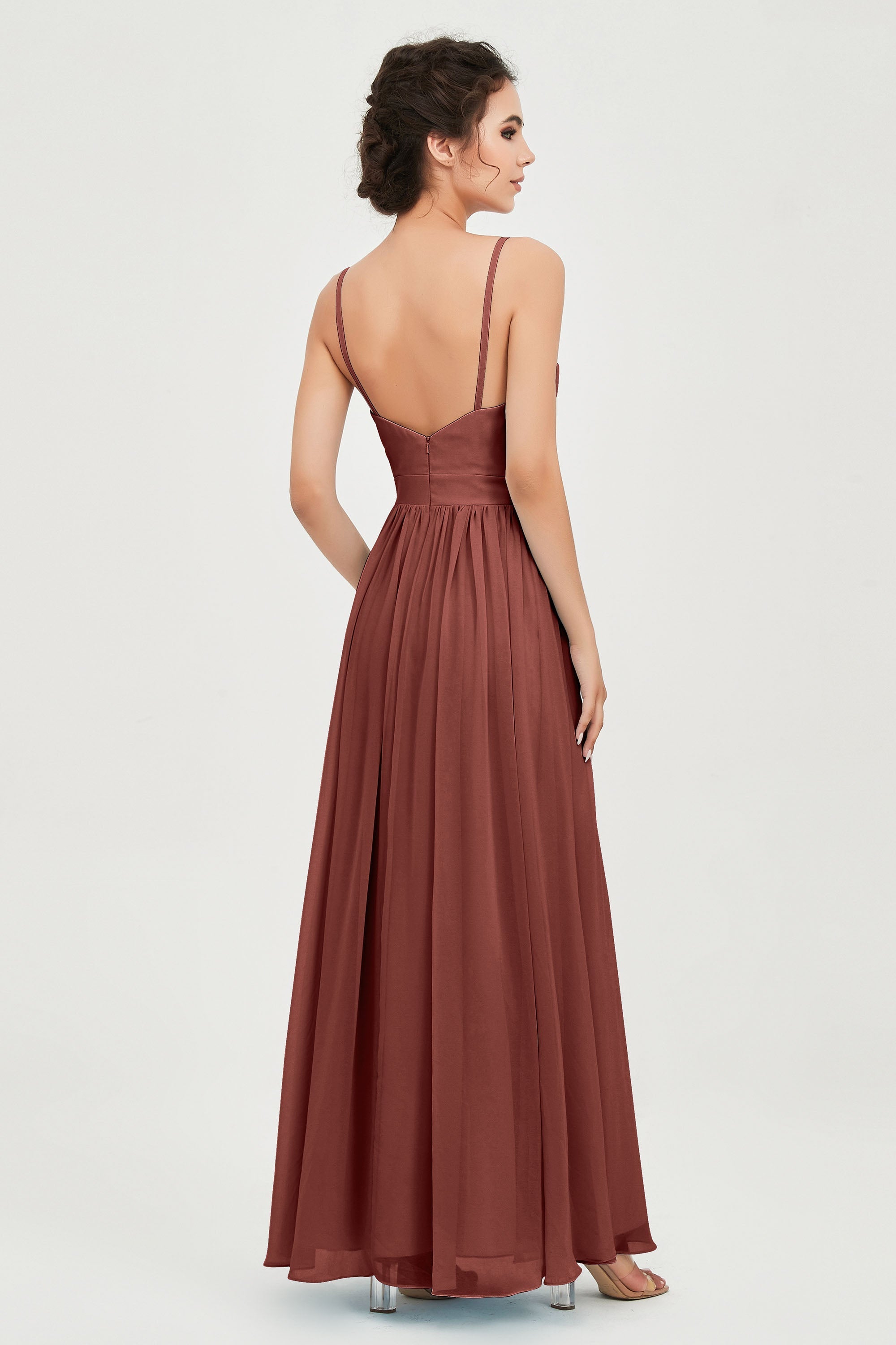 Deep V Neck Sexy Chiffon Bridesmaid Dress Spaghetti Straps Formal Evening Prom Dresses