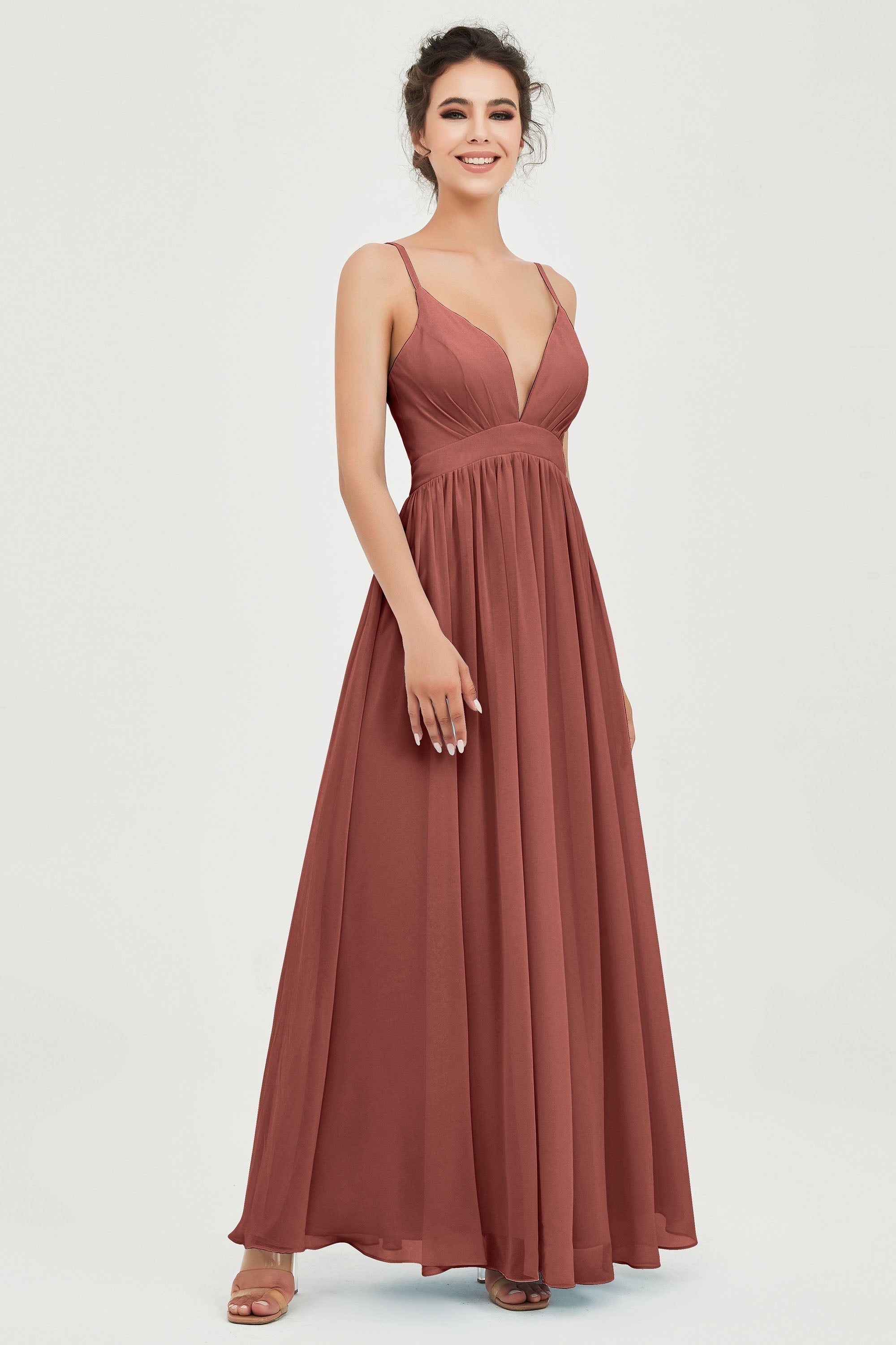 Deep V Neck Sexy Chiffon Bridesmaid Dress Spaghetti Straps Formal Evening Prom Dresses