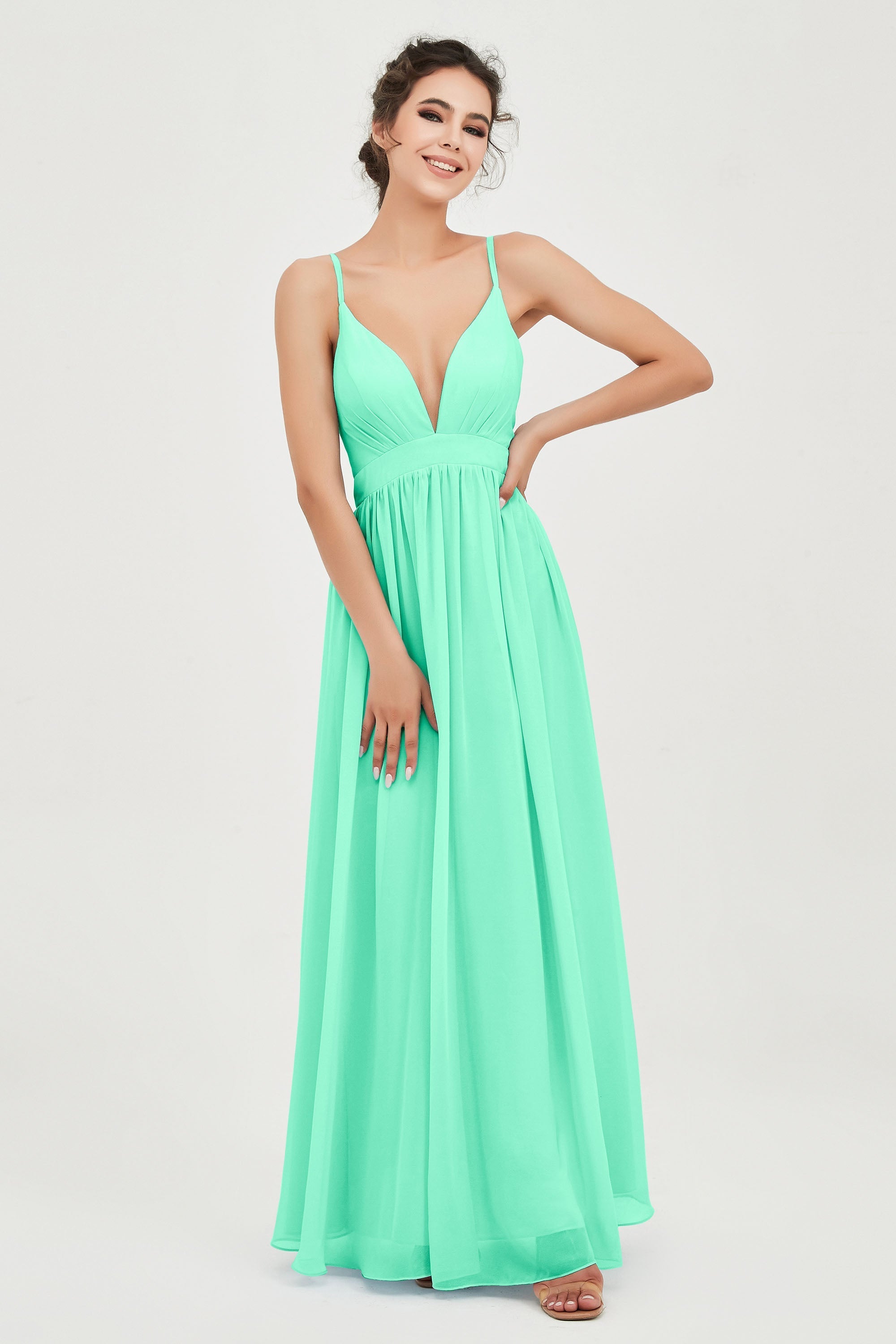 Deep V Neck Sexy Chiffon Bridesmaid Dress Spaghetti Straps Formal Evening Prom Dresses