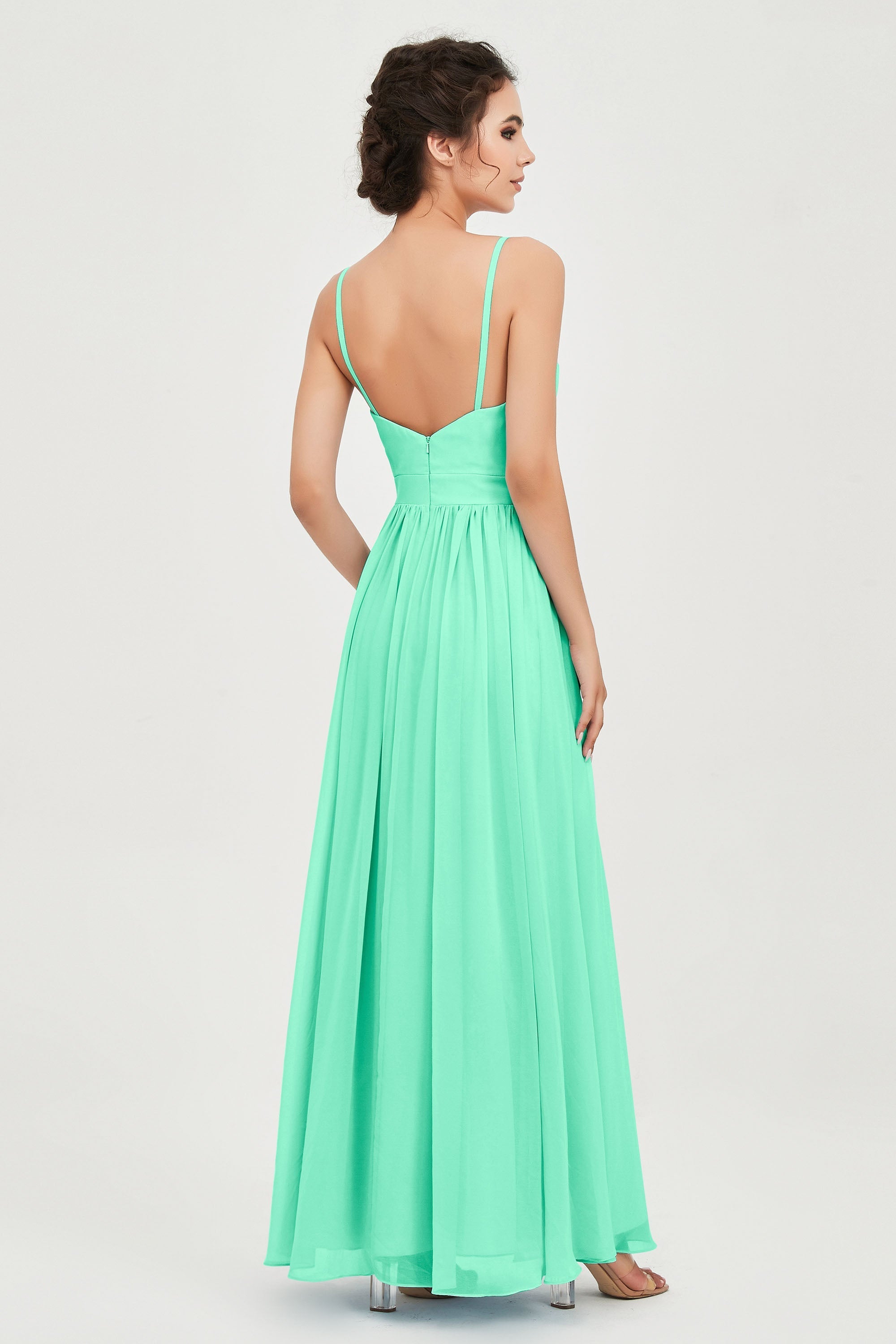 Deep V Neck Sexy Chiffon Bridesmaid Dress Spaghetti Straps Formal Evening Prom Dresses