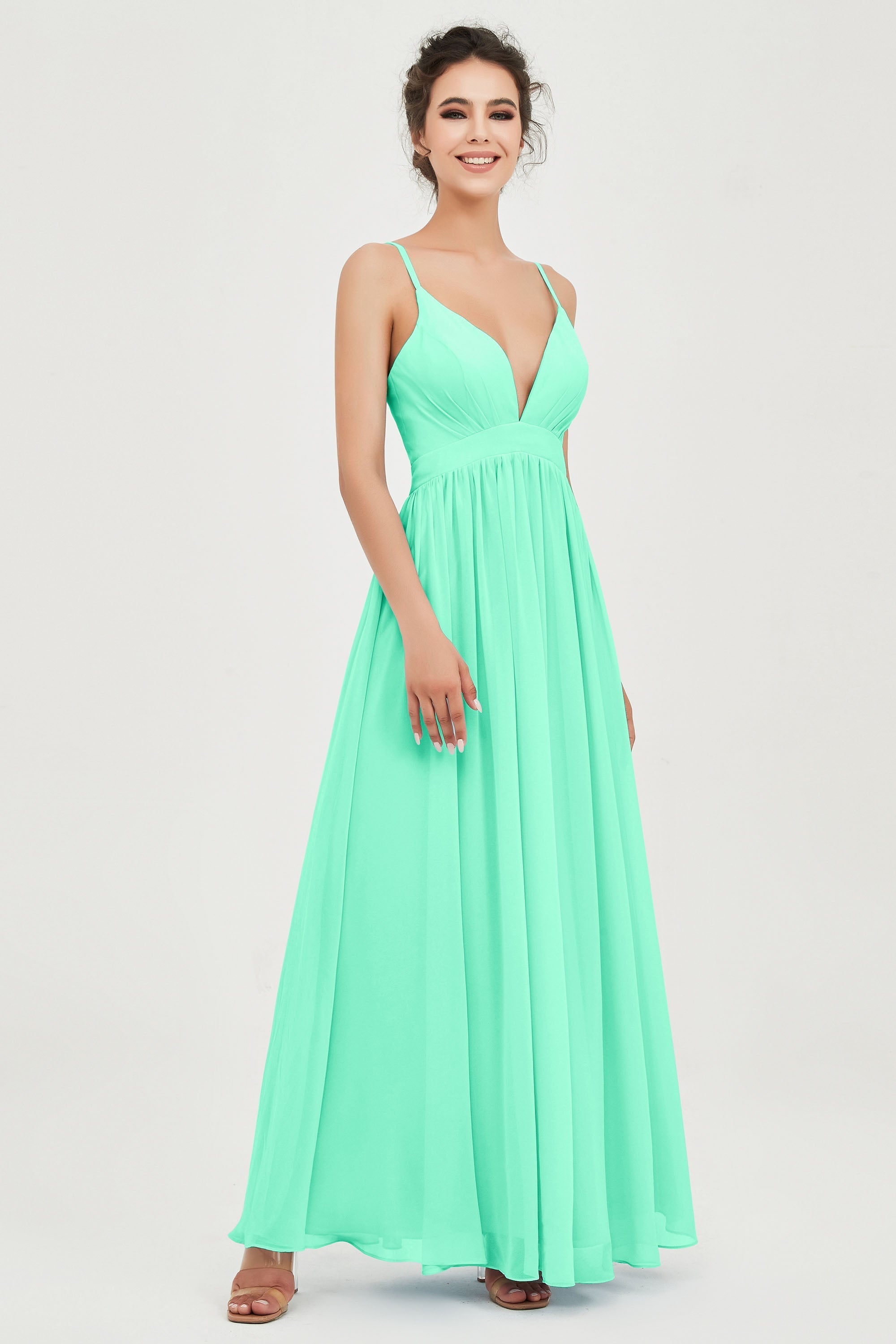 Deep V Neck Sexy Chiffon Bridesmaid Dress Spaghetti Straps Formal Evening Prom Dresses