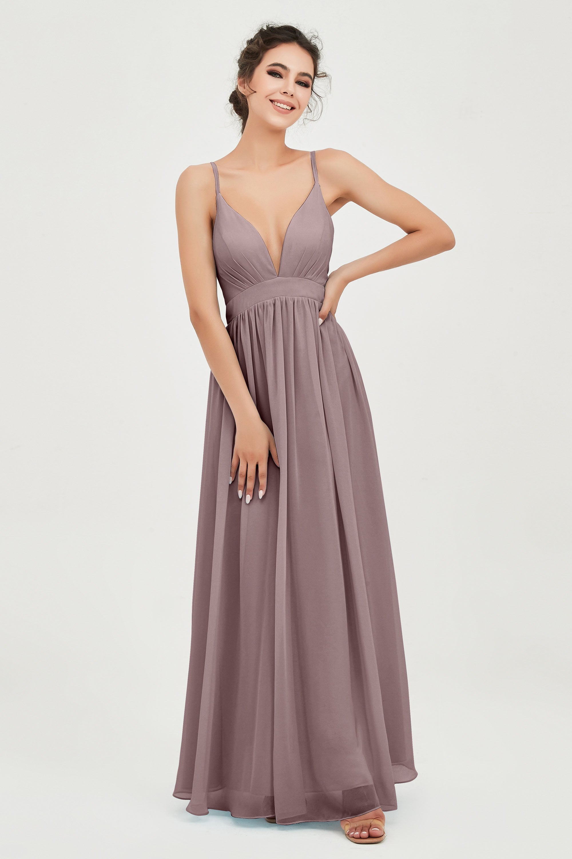 Deep V Neck Sexy Chiffon Bridesmaid Dress Spaghetti Straps Formal Evening Prom Dresses