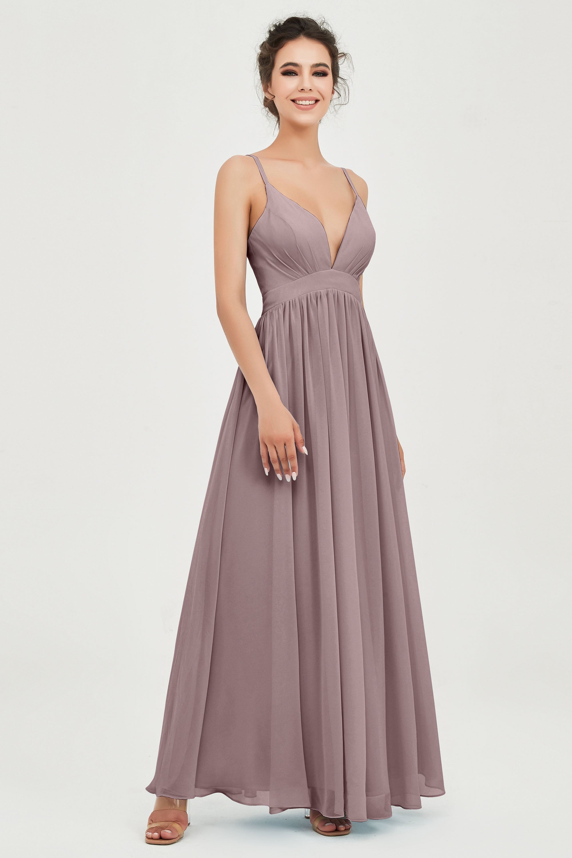 Deep V Neck Sexy Chiffon Bridesmaid Dress Spaghetti Straps Formal Evening Prom Dresses