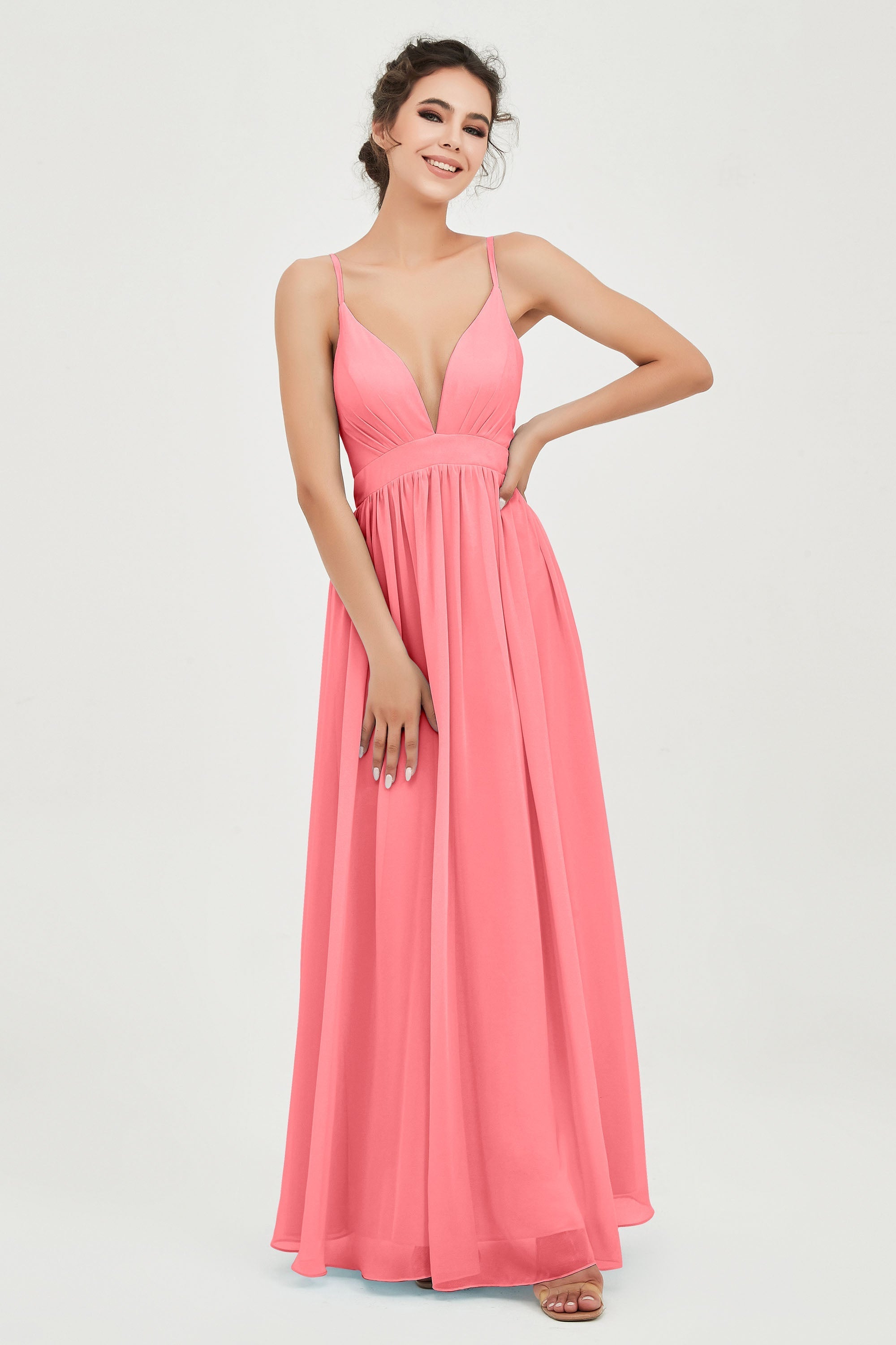 Deep V Neck Sexy Chiffon Bridesmaid Dress Spaghetti Straps Formal Evening Prom Dresses