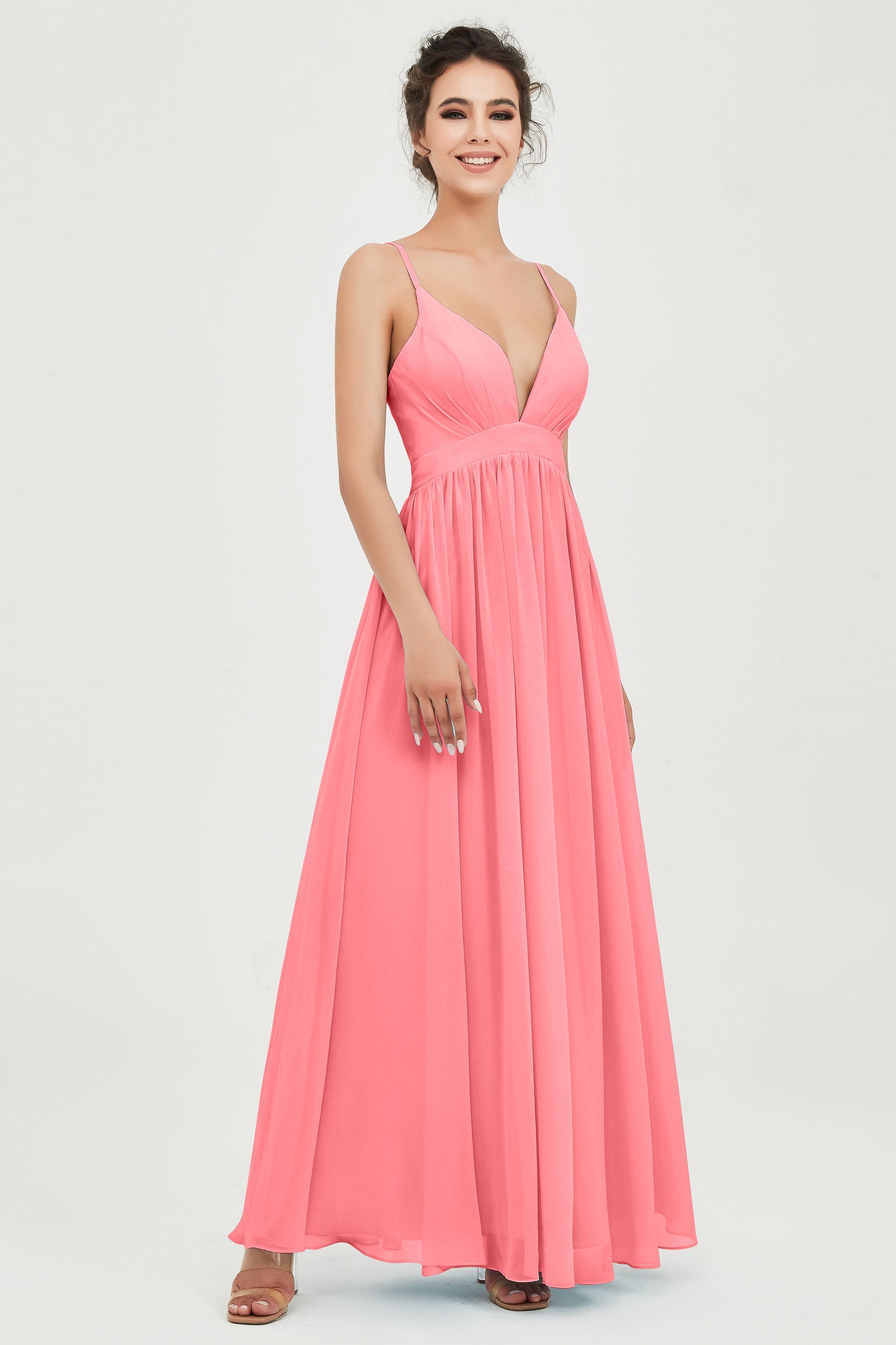 Deep V Neck Sexy Chiffon Bridesmaid Dress Spaghetti Straps Formal Evening Prom Dresses