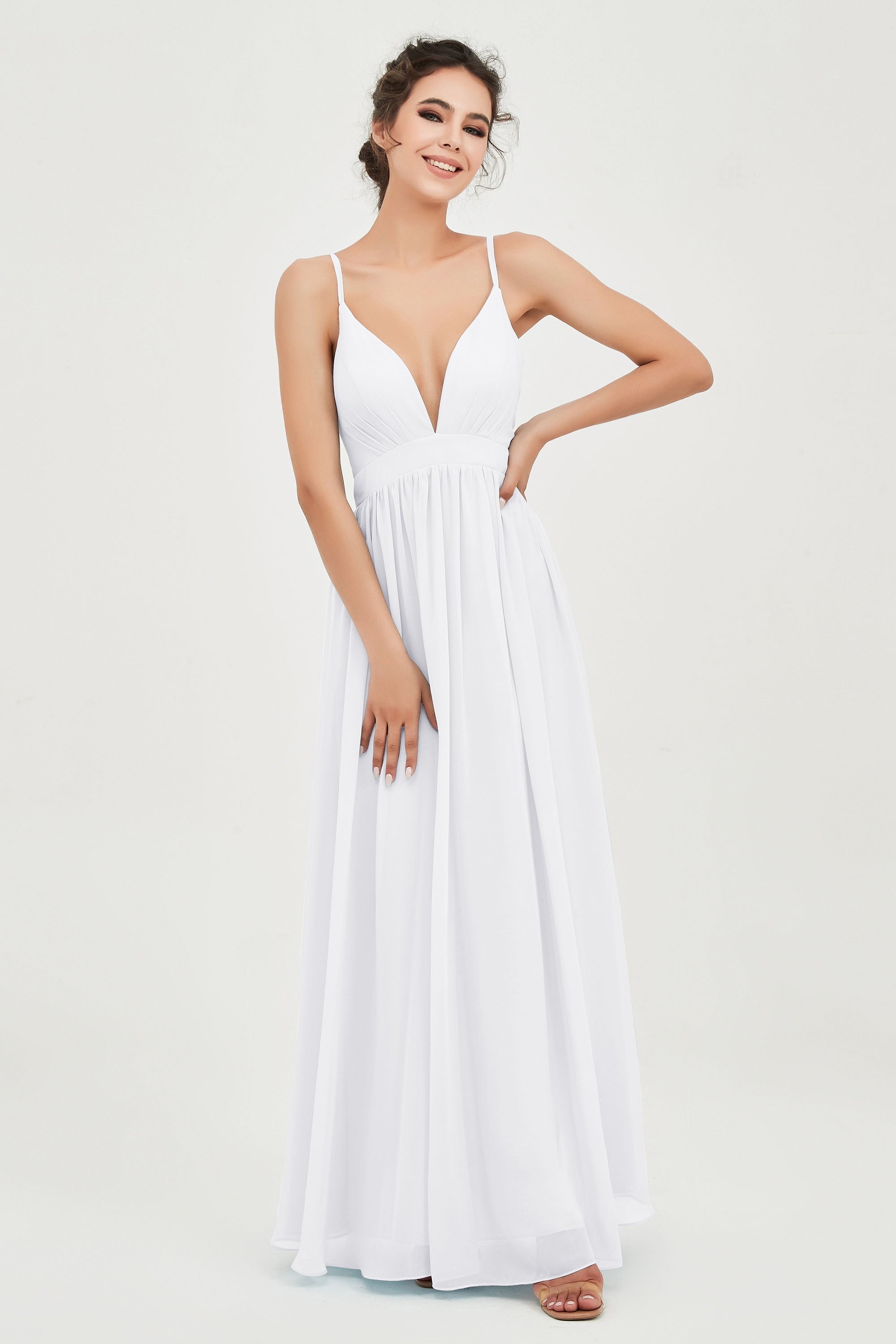 Deep V Neck Sexy Chiffon Bridesmaid Dress Spaghetti Straps Formal Evening Prom Dresses