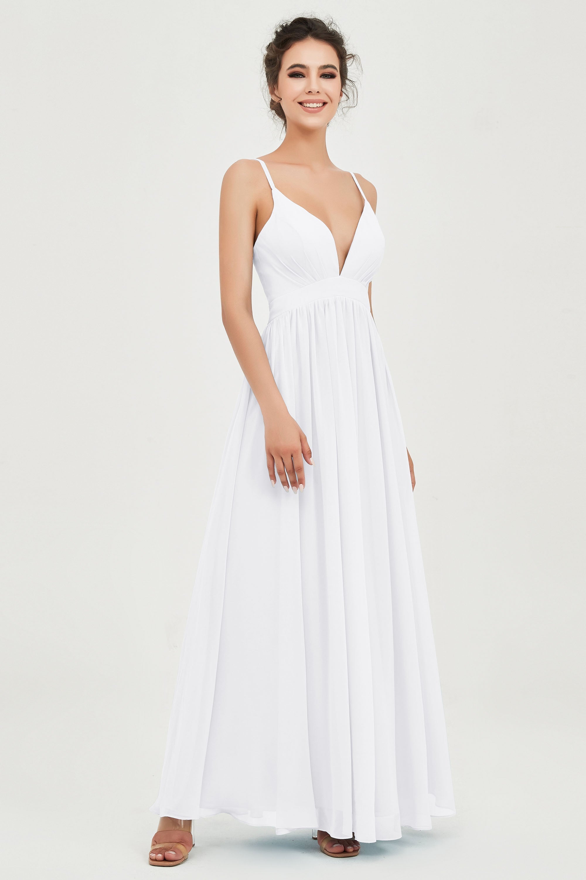 Deep V Neck Sexy Chiffon Bridesmaid Dress Spaghetti Straps Formal Evening Prom Dresses