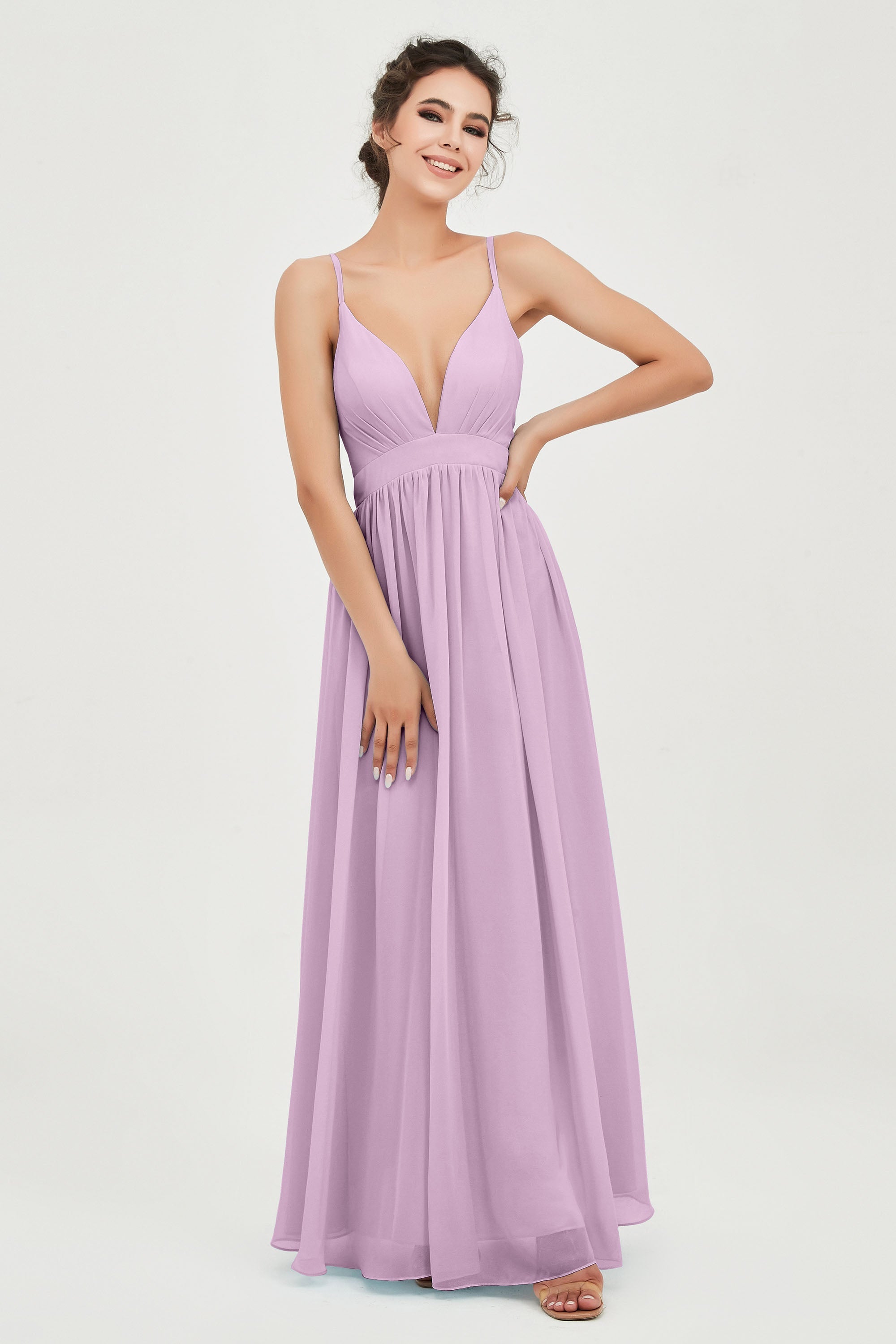 Deep V Neck Sexy Chiffon Bridesmaid Dress Spaghetti Straps Formal Evening Prom Dresses