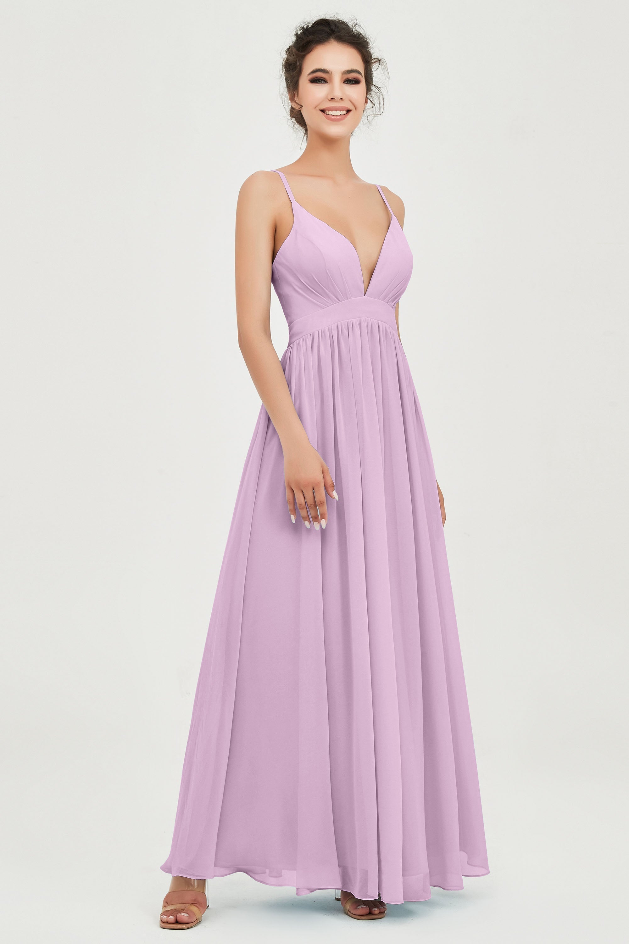 Deep V Neck Sexy Chiffon Bridesmaid Dress Spaghetti Straps Formal Evening Prom Dresses