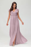 Cap Sleeves Chiffon Formal Evening Dress Floor Length Pleated Bridesmaid Dresses Gowns