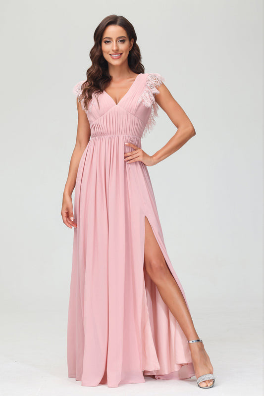 Cap Sleeves Chiffon Formal Evening Dress Floor Length Pleated Bridesmaid Dresses Gowns