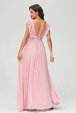 Cap Sleeves Chiffon Formal Evening Dress Floor Length Pleated Bridesmaid Dresses Gowns
