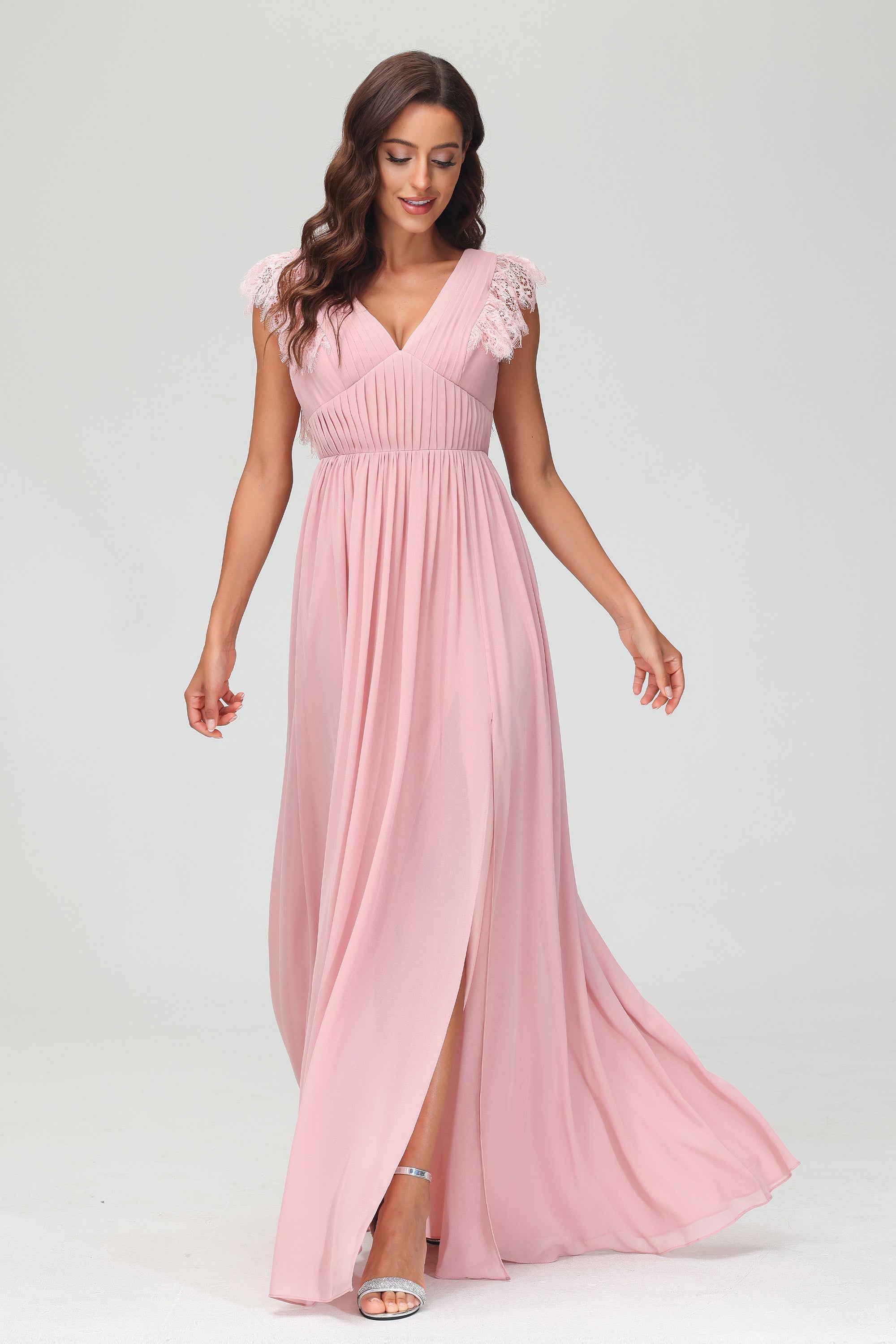Cap Sleeves Chiffon Formal Evening Dress Floor Length Pleated Bridesmaid Dresses Gowns