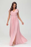 Cap Sleeves Chiffon Formal Evening Dress Floor Length Pleated Bridesmaid Dresses Gowns