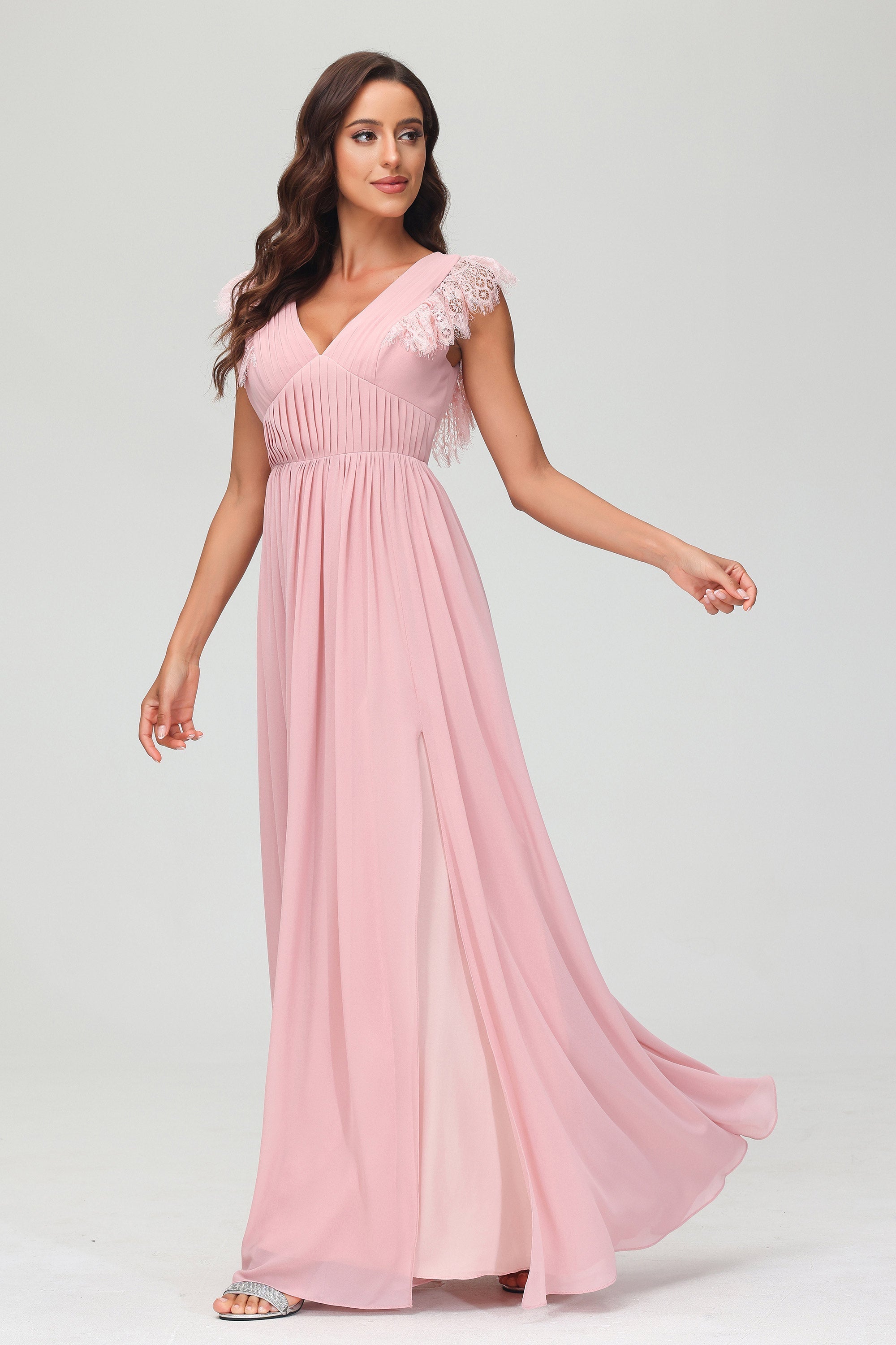 Cap Sleeves Chiffon Formal Evening Dress Floor Length Pleated Bridesmaid Dresses Gowns