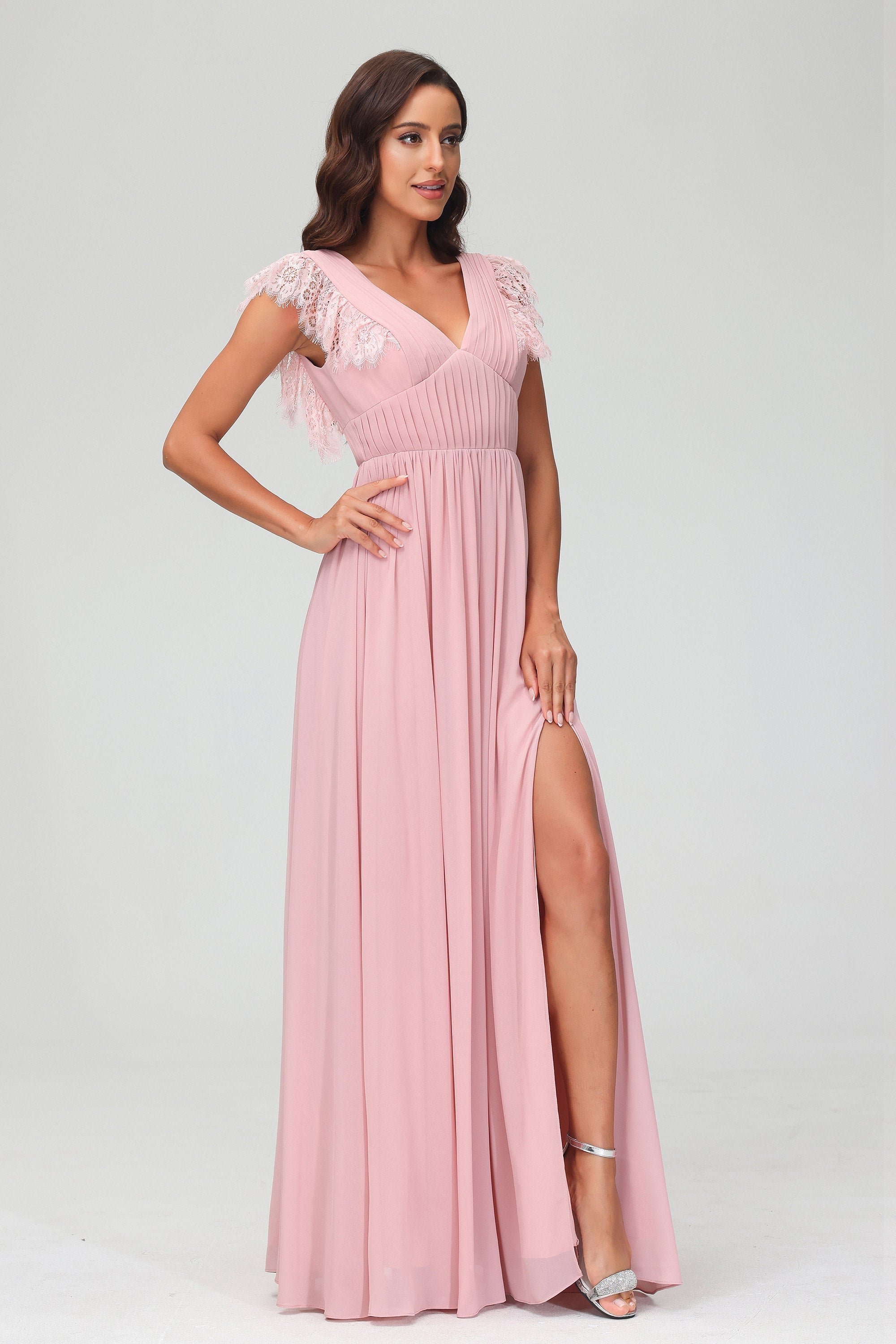Cap Sleeves Chiffon Formal Evening Dress Floor Length Pleated Bridesmaid Dresses Gowns