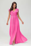 Cap Sleeves Chiffon Formal Evening Dress Floor Length Pleated Bridesmaid Dresses Gowns