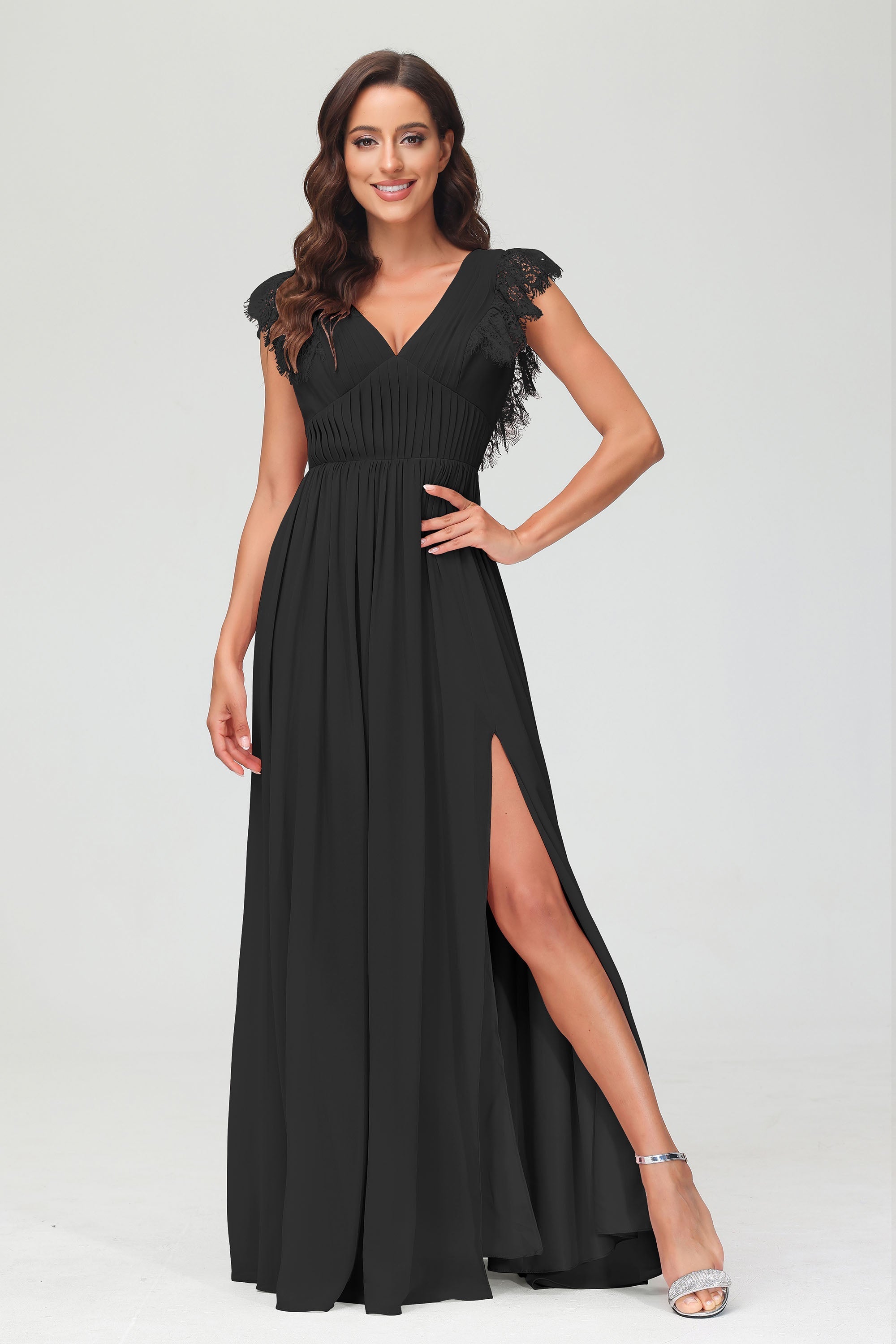 Cap Sleeves Chiffon Formal Evening Dress Floor Length Pleated Bridesmaid Dresses Gowns