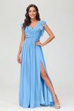 Cap Sleeves Chiffon Formal Evening Dress Floor Length Pleated Bridesmaid Dresses Gowns