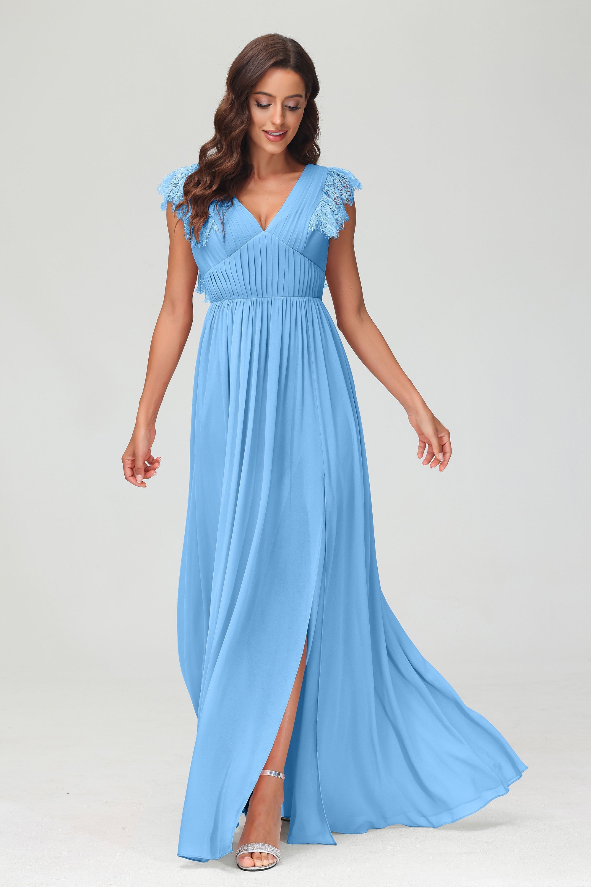 Cap Sleeves Chiffon Formal Evening Dress Floor Length Pleated Bridesmaid Dresses Gowns