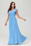 Cap Sleeves Chiffon Formal Evening Dress Floor Length Pleated Bridesmaid Dresses Gowns