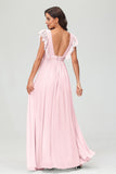 Cap Sleeves Chiffon Formal Evening Dress Floor Length Pleated Bridesmaid Dresses Gowns