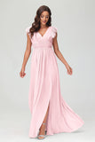 Cap Sleeves Chiffon Formal Evening Dress Floor Length Pleated Bridesmaid Dresses Gowns