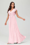 Cap Sleeves Chiffon Formal Evening Dress Floor Length Pleated Bridesmaid Dresses Gowns