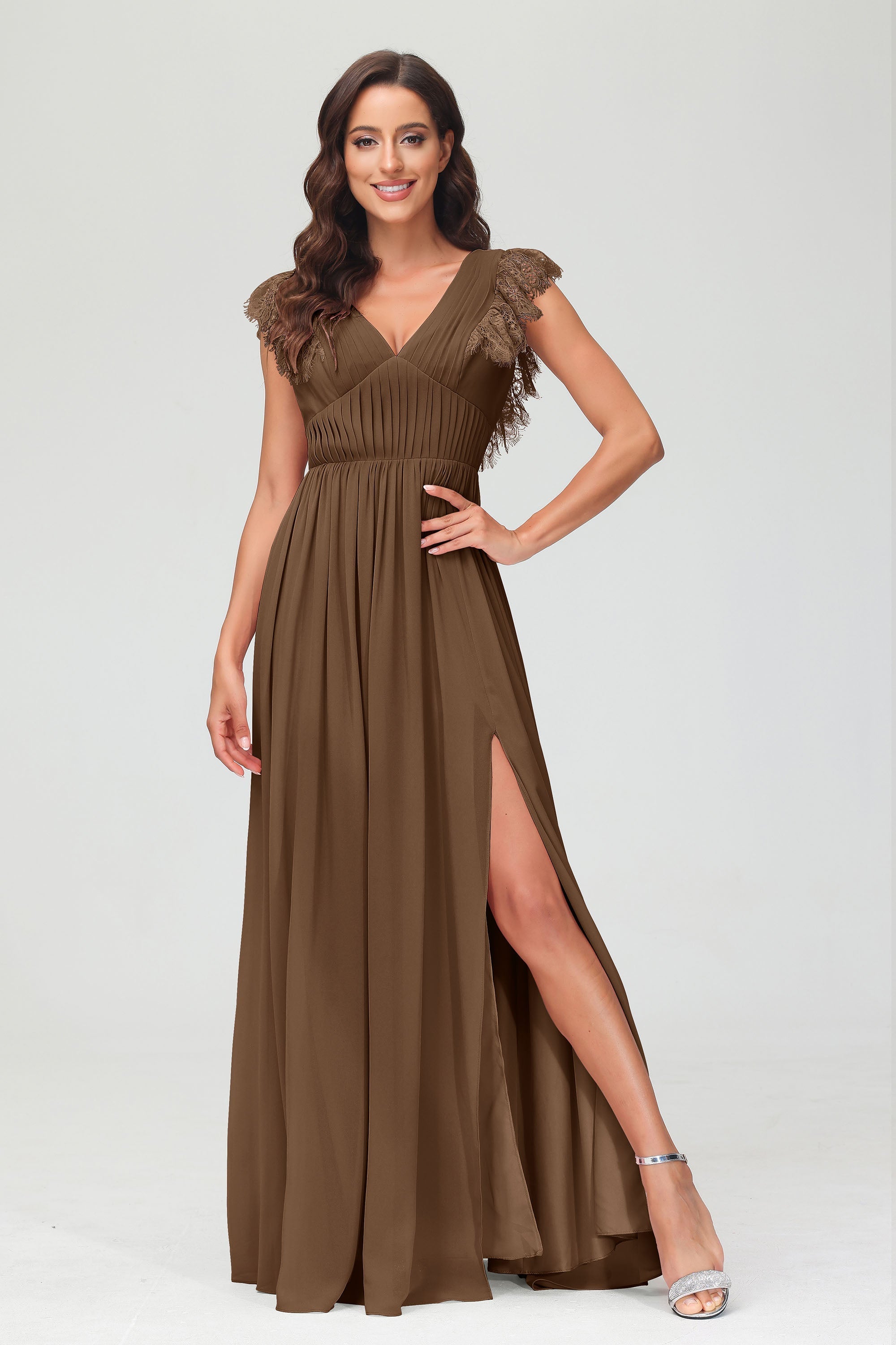 Cap Sleeves Chiffon Formal Evening Dress Floor Length Pleated Bridesmaid Dresses Gowns