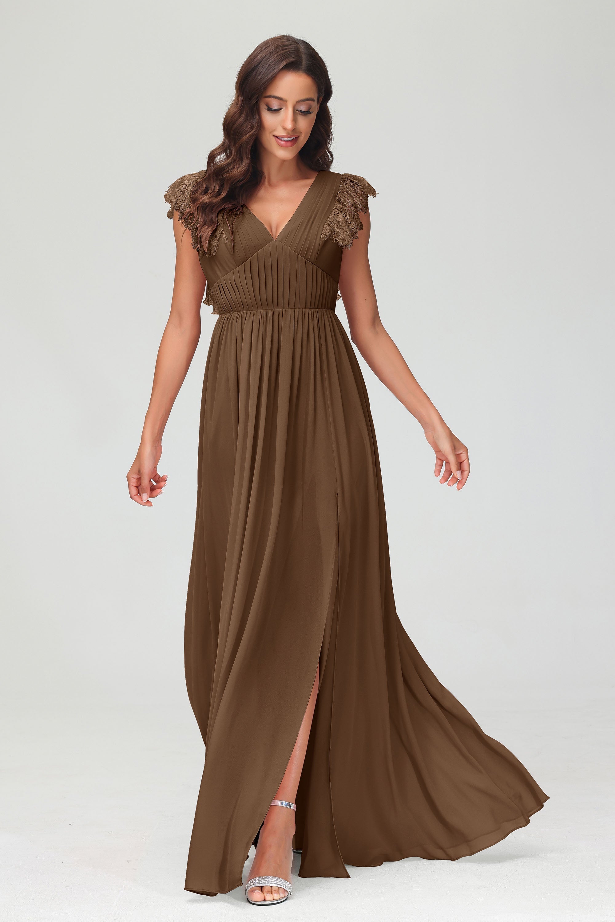 Cap Sleeves Chiffon Formal Evening Dress Floor Length Pleated Bridesmaid Dresses Gowns