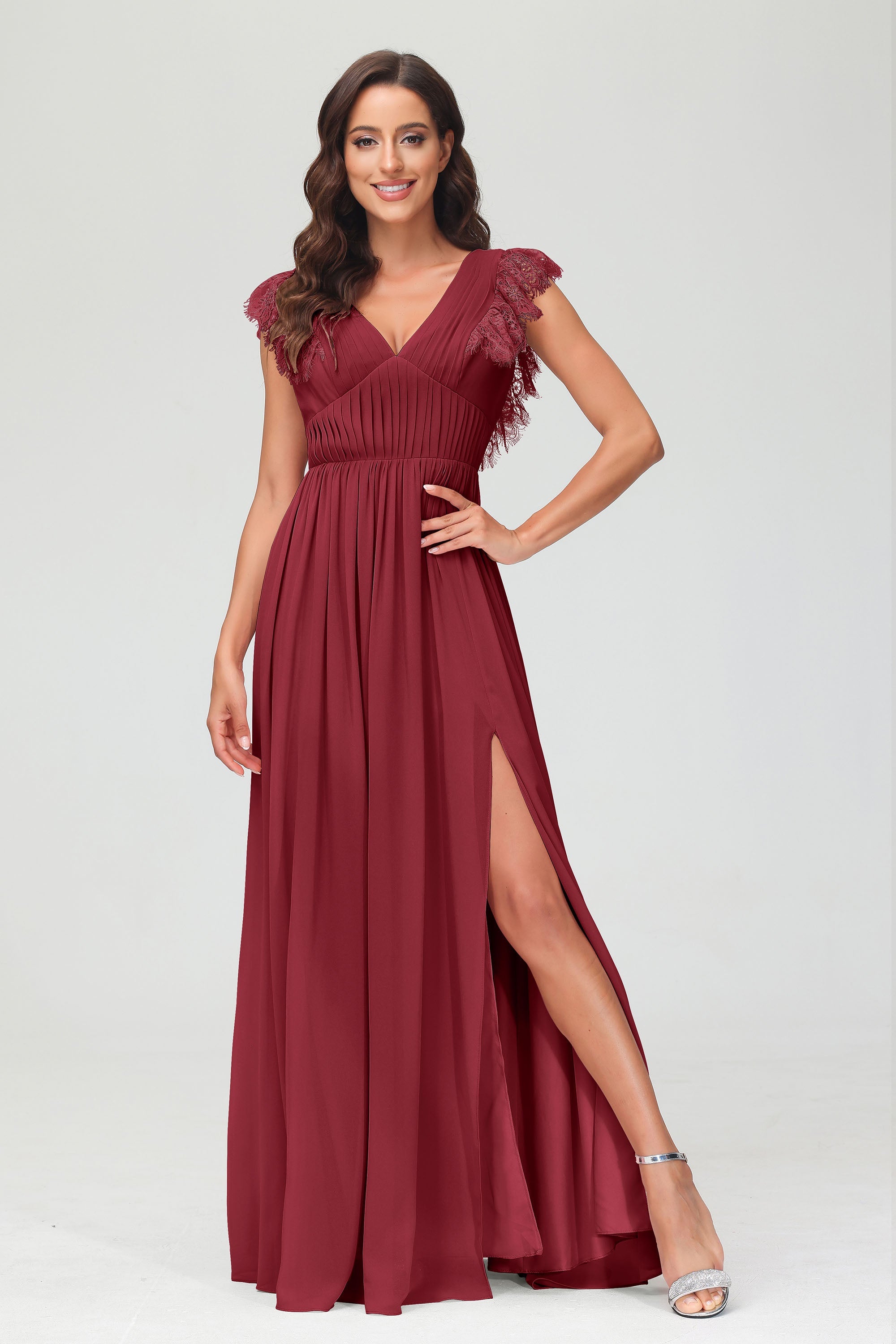 Cap Sleeves Chiffon Formal Evening Dress Floor Length Pleated Bridesmaid Dresses Gowns