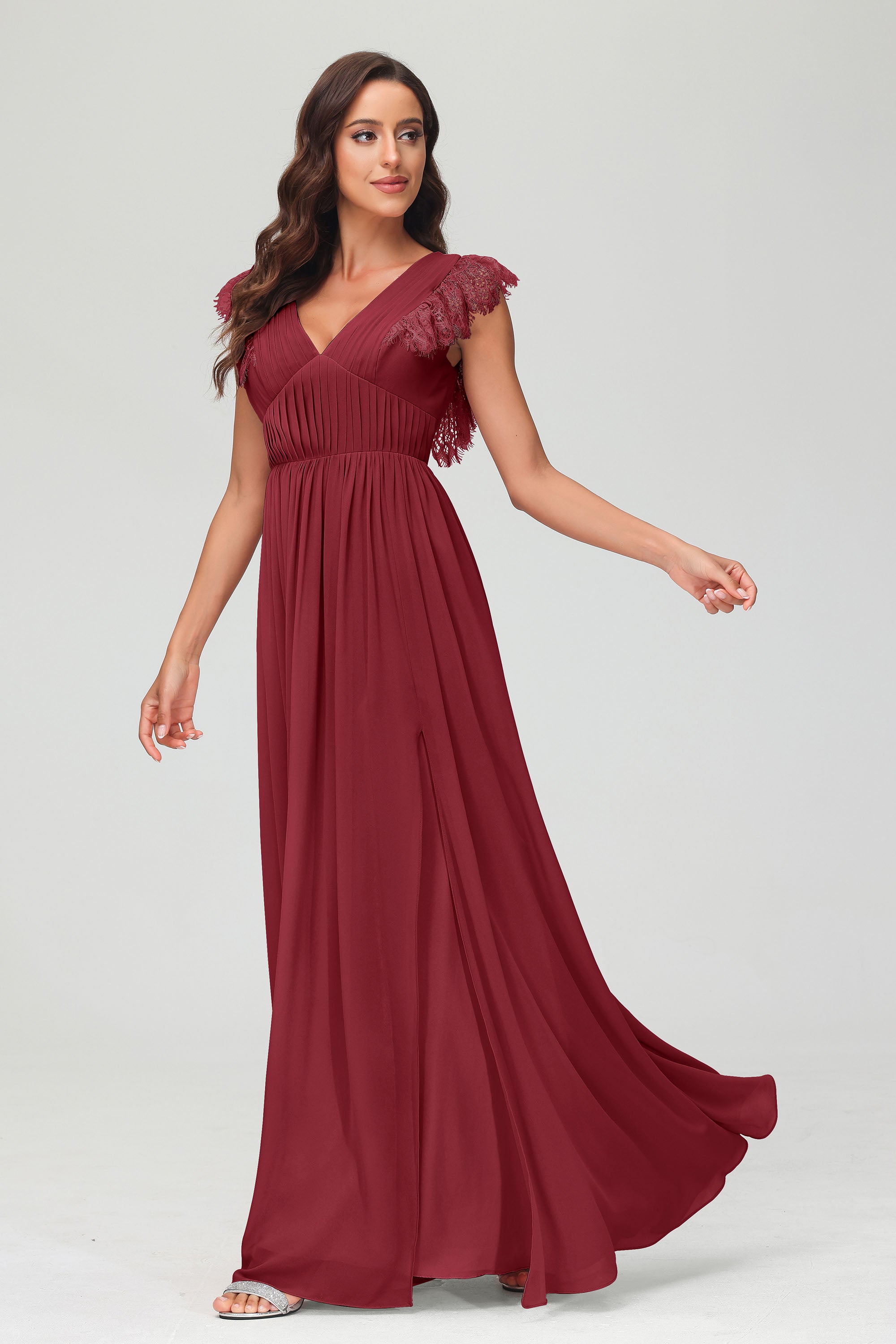 Cap Sleeves Chiffon Formal Evening Dress Floor Length Pleated Bridesmaid Dresses Gowns
