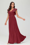 Cap Sleeves Chiffon Formal Evening Dress Floor Length Pleated Bridesmaid Dresses Gowns