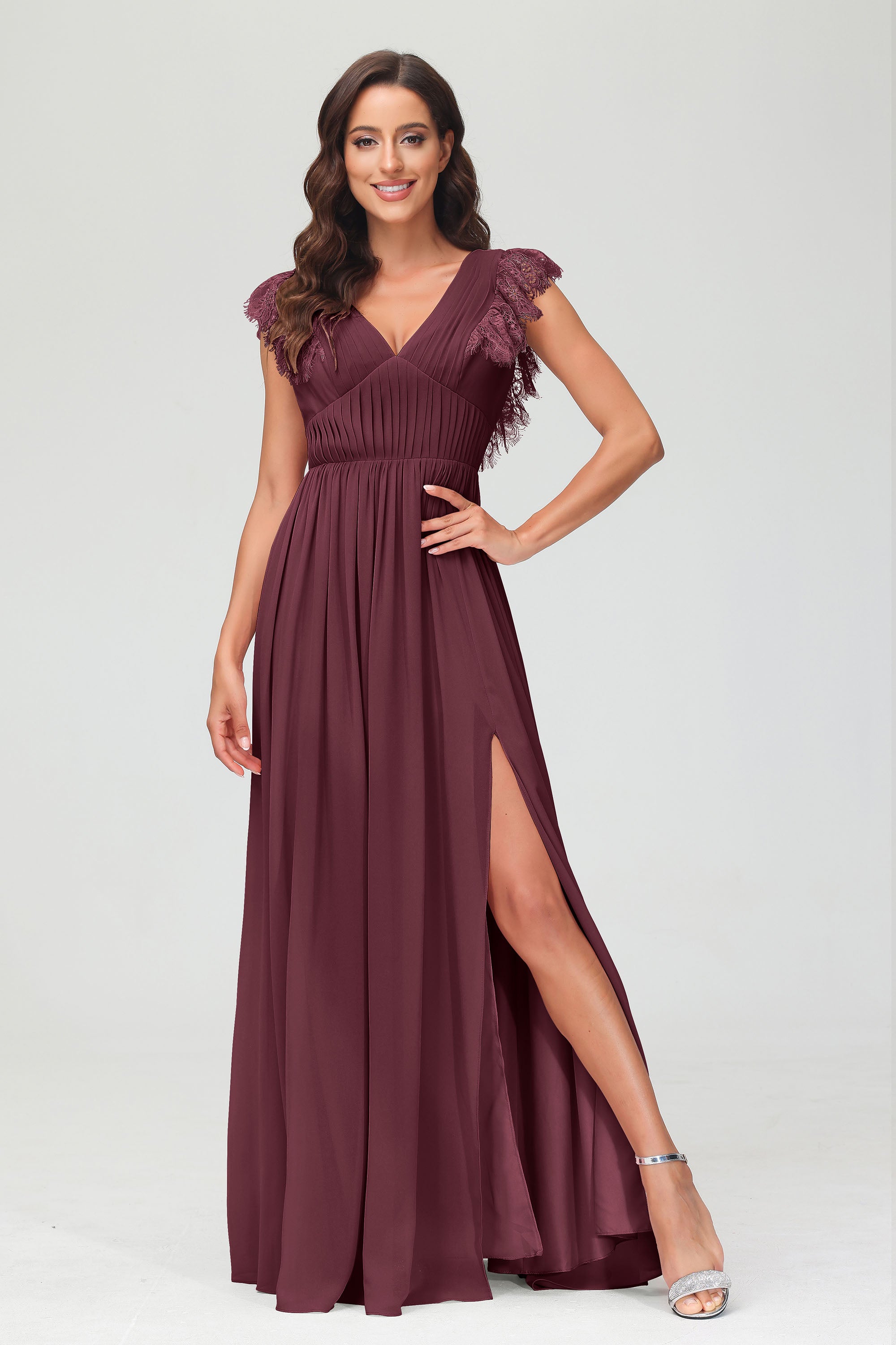 Cap Sleeves Chiffon Formal Evening Dress Floor Length Pleated Bridesmaid Dresses Gowns