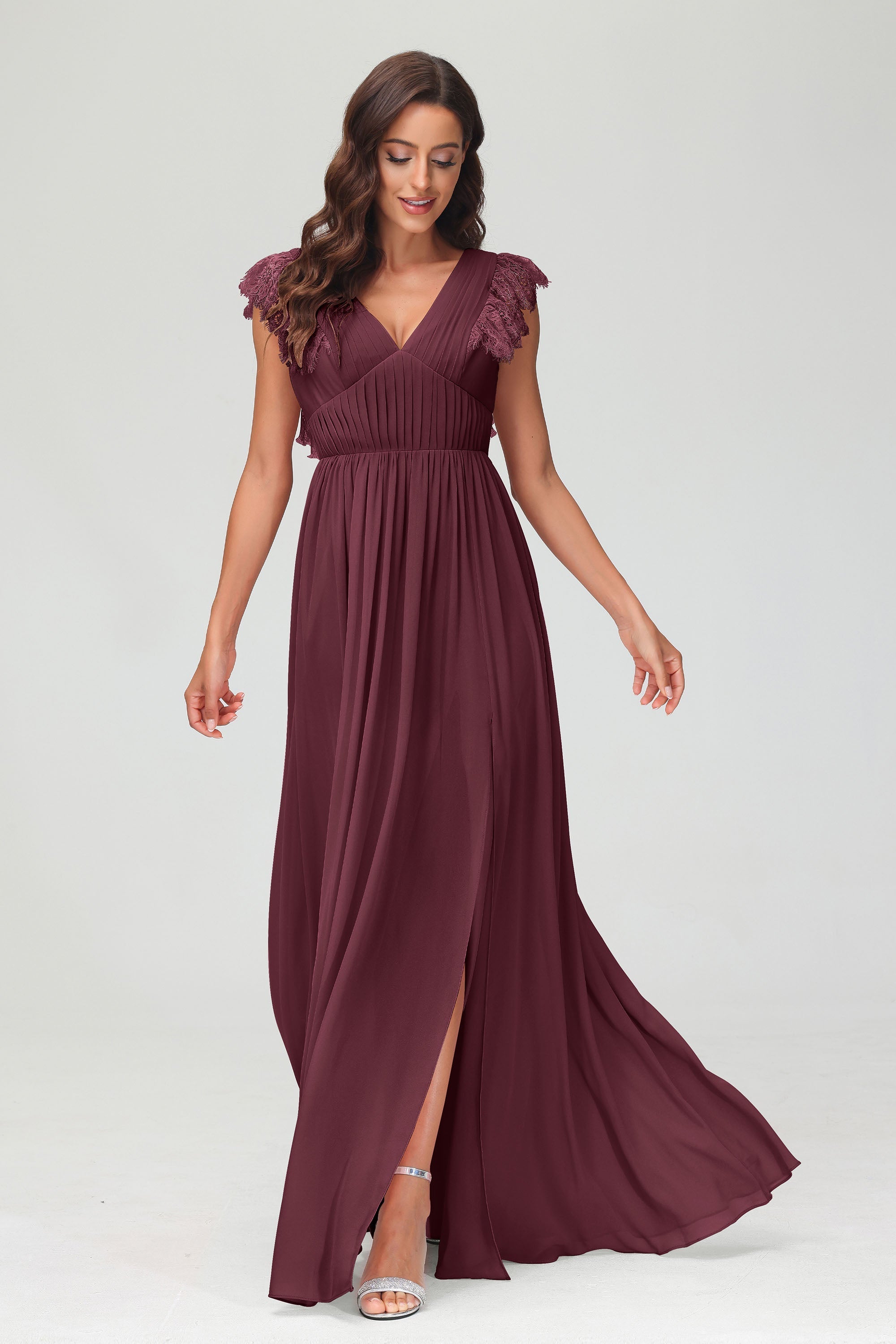 Cap Sleeves Chiffon Formal Evening Dress Floor Length Pleated Bridesmaid Dresses Gowns