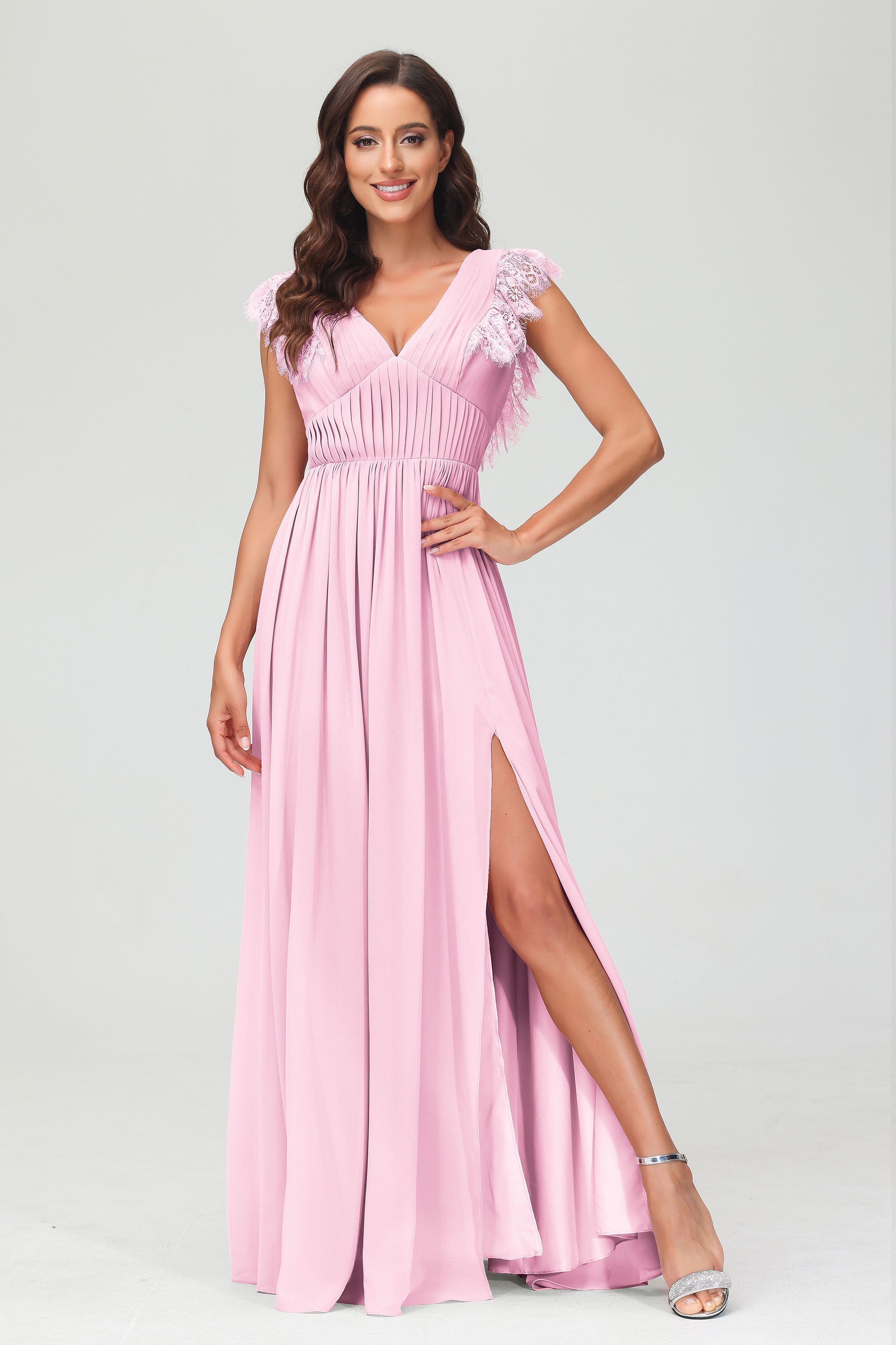 Cap Sleeves Chiffon Formal Evening Dress Floor Length Pleated Bridesmaid Dresses Gowns