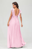 Cap Sleeves Chiffon Formal Evening Dress Floor Length Pleated Bridesmaid Dresses Gowns