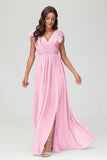 Cap Sleeves Chiffon Formal Evening Dress Floor Length Pleated Bridesmaid Dresses Gowns