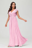 Cap Sleeves Chiffon Formal Evening Dress Floor Length Pleated Bridesmaid Dresses Gowns