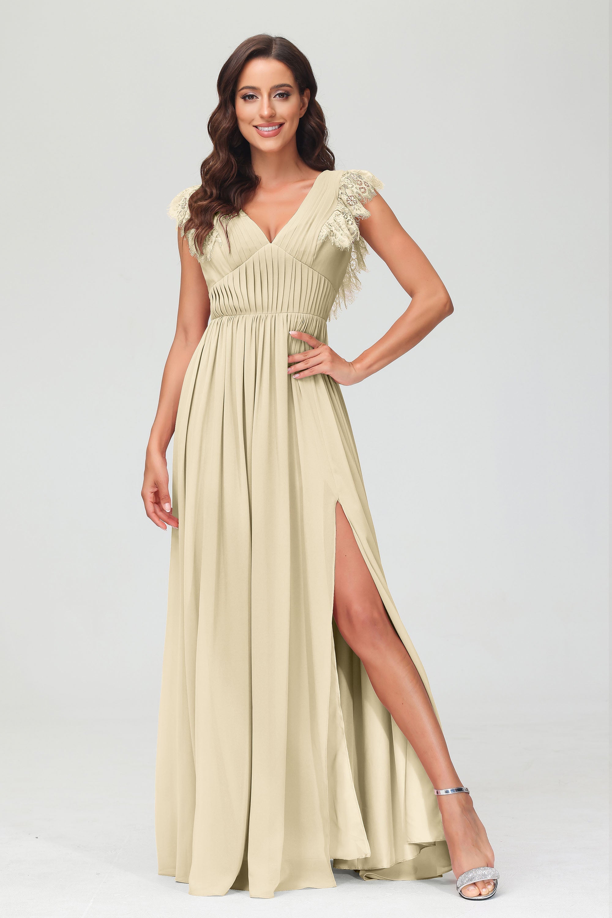 Cap Sleeves Chiffon Formal Evening Dress Floor Length Pleated Bridesmaid Dresses Gowns