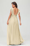 Cap Sleeves Chiffon Formal Evening Dress Floor Length Pleated Bridesmaid Dresses Gowns