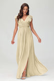 Cap Sleeves Chiffon Formal Evening Dress Floor Length Pleated Bridesmaid Dresses Gowns